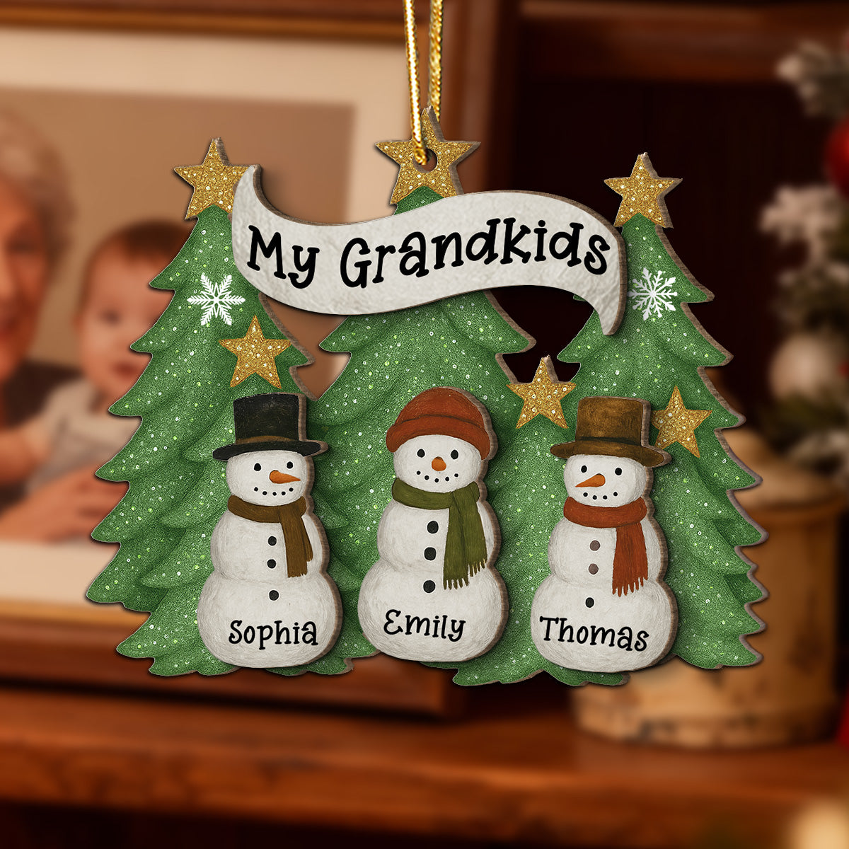 Snowman Grandparent Grandchildren Family Christmas Tree - Personalized 2-Layer Wooden Ornament