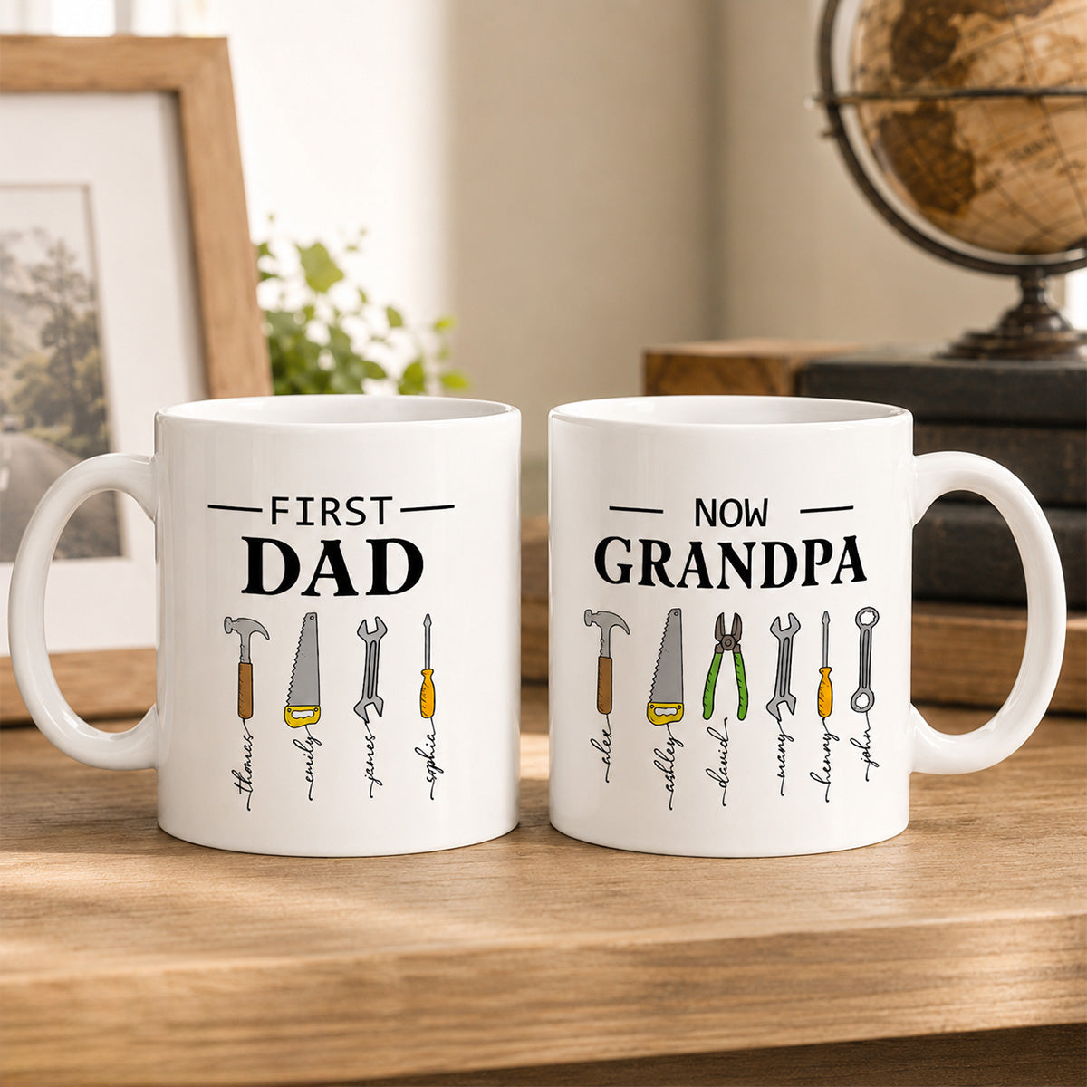First Dad Now Grandpa Garage Tools Custom Kids Names - Personalized Mug - Father's Day Gift For Mechanic Dad, Grandpa