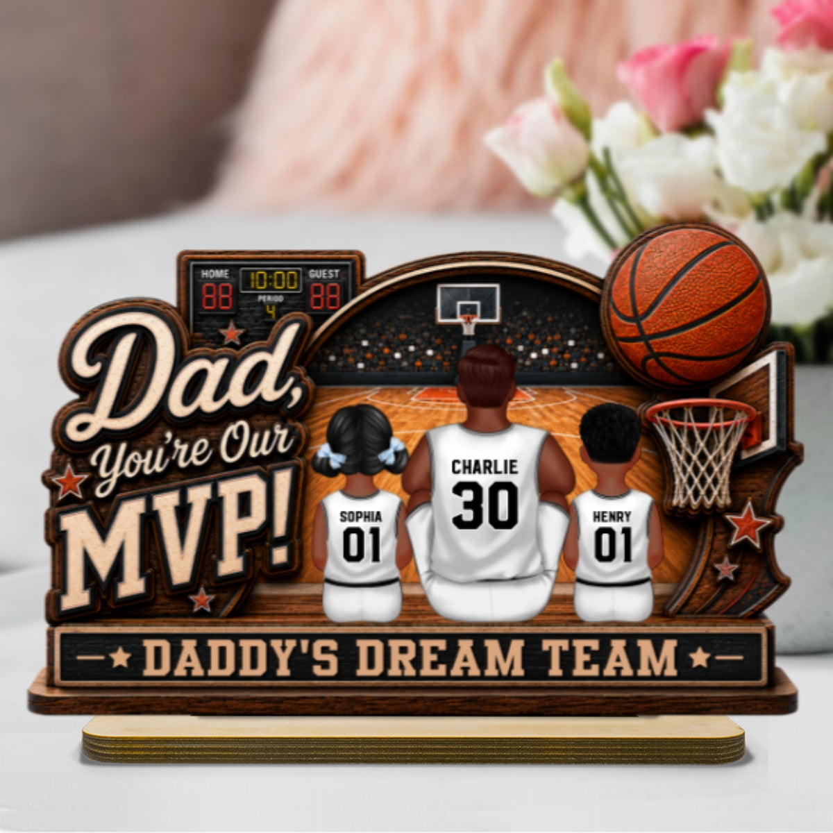 Dad You Are Our MVP Sitting Basketball Man & Kids 2D Flat - Personalized 2-Layered Wooden Plaque -  Gift For Basketball Dad