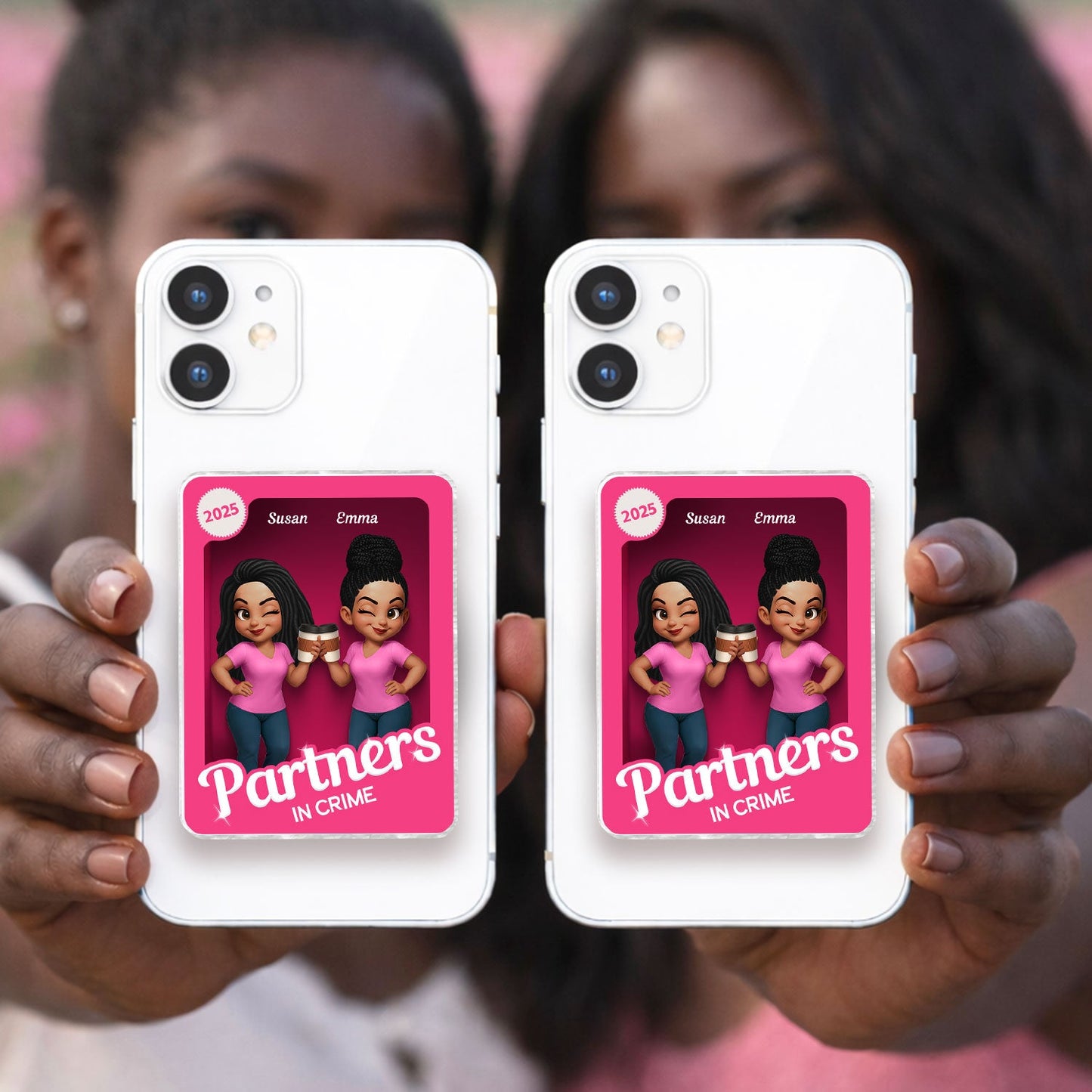 Besties Forever Pink 3D Effect Action Figure – Personalized Acrylic Magnetic Phone Grip – Gift for Best Friends, Matching Phone Grips