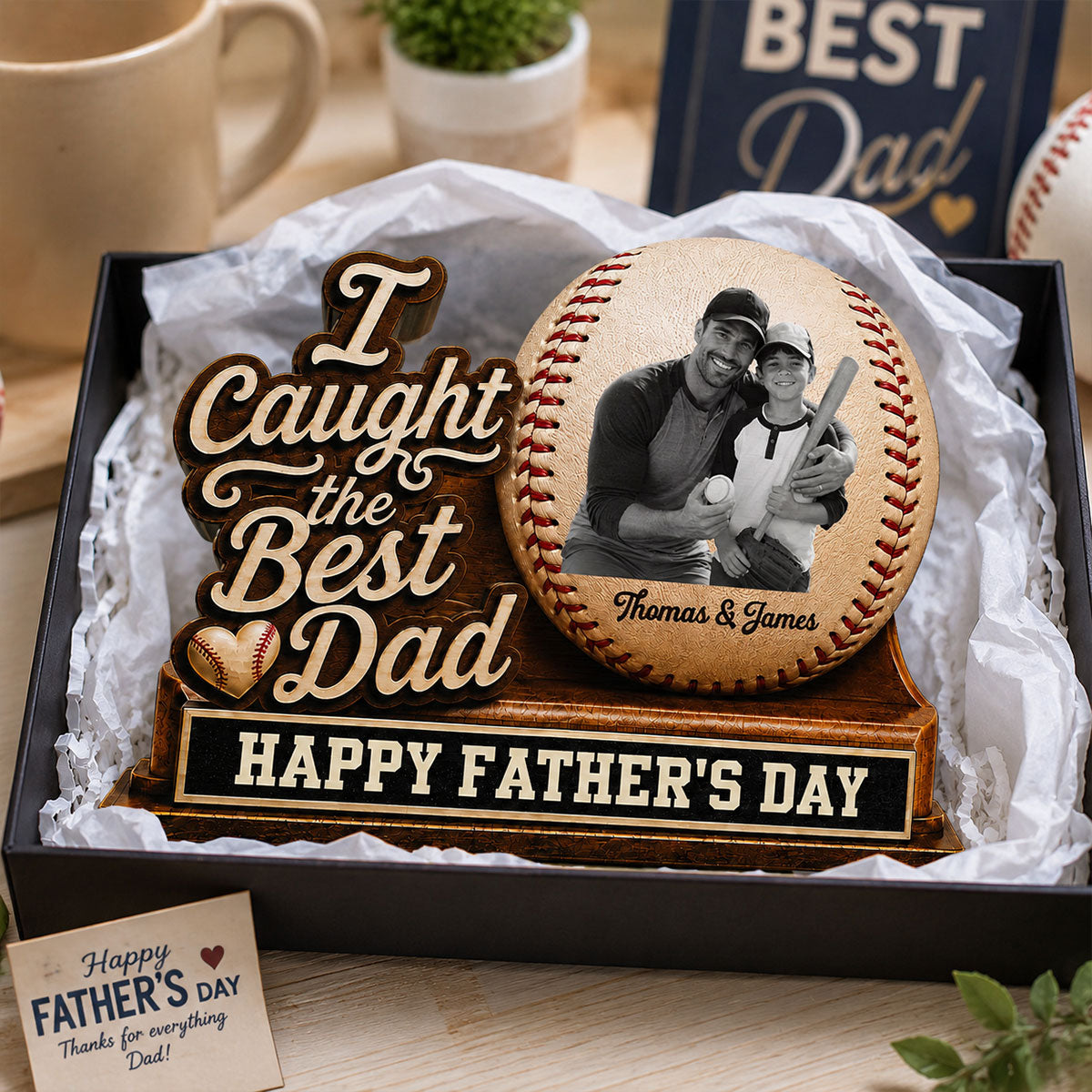 We Caught The Best Dad Custom Photo 2D Flat Printed - Personalized 2-Layered Wooden Plaque - Happy  For Baseball Dad