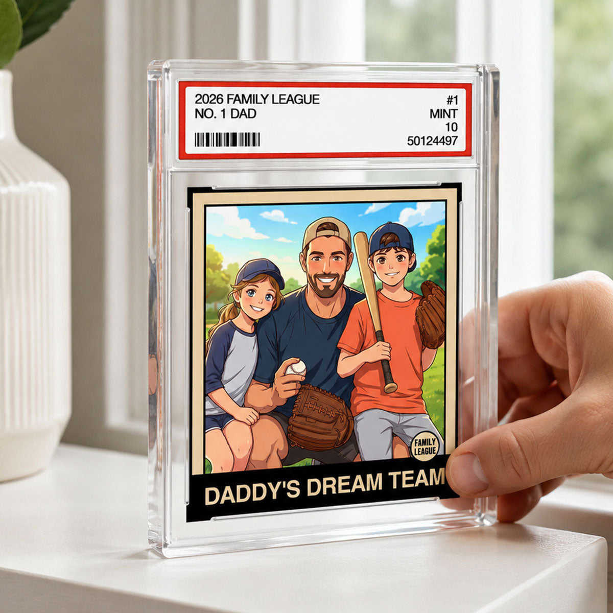 Cartoon Style Baseball Daddy's Dream Team Trading Card - Personalized Acrylic Block Plaque -  Gift For Baseball Dad, Husband