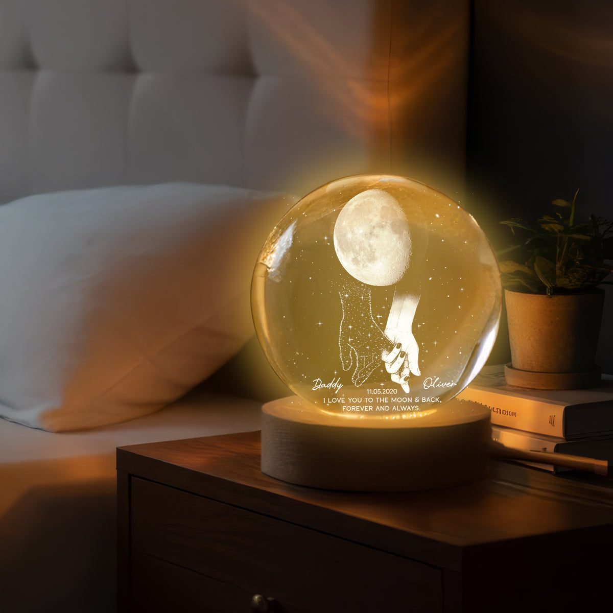 Lost Loved One Holding Hands Moon Phase Galaxy Art - Personalized Crystal Ball Night Light - Memorial Sympathy Gift