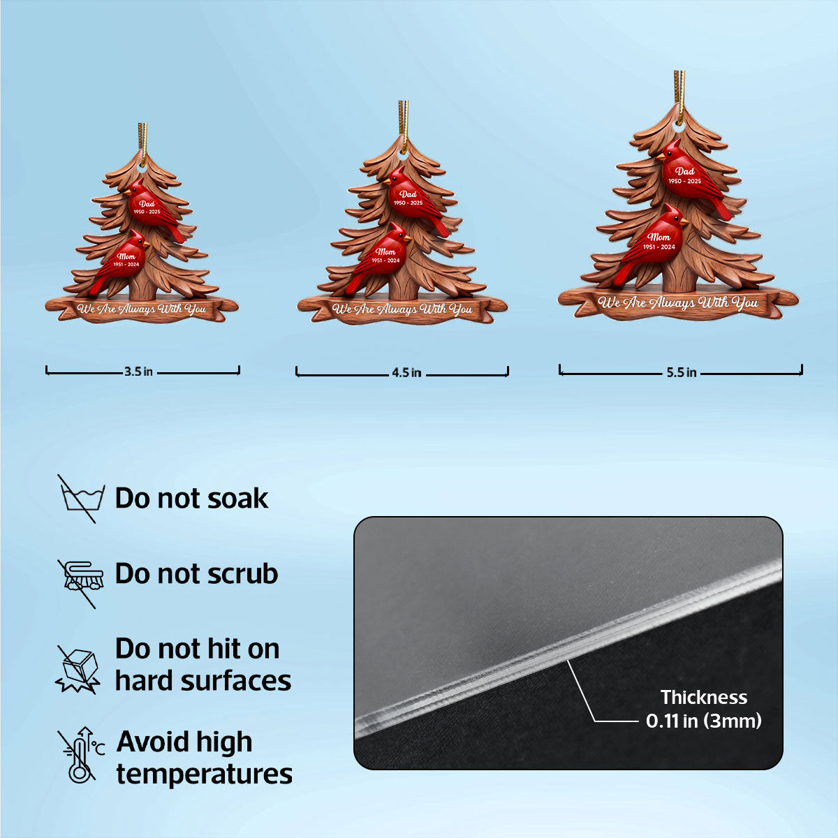 3D Effect Flat Christmas Cardinals Memorial - Personalized Ornament - Remembrance Gift, Sympathy Gift