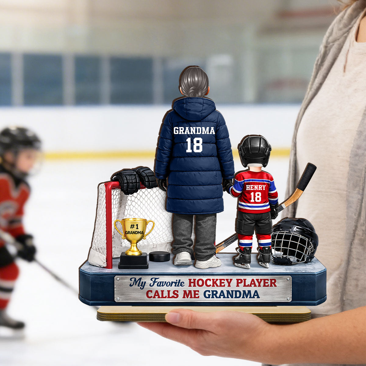 Grandma Hockey And Grandkids - Personalized 2-Layered Wooden Plaque - Heartfelt Gift For Grandma
