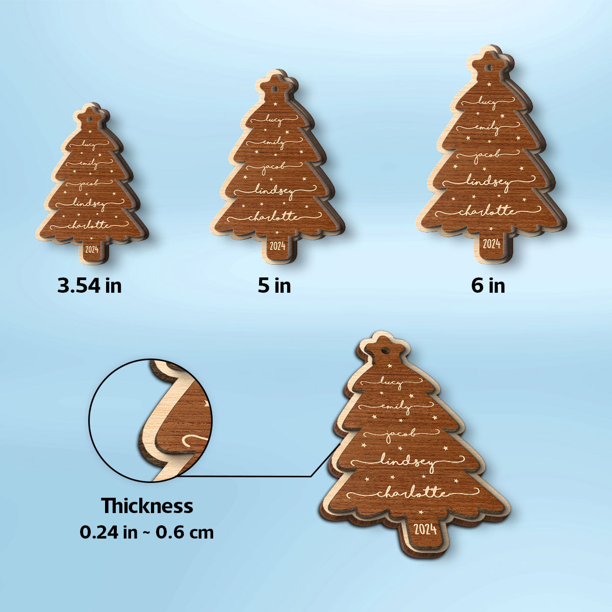 Beautiful Christmas Tree With Family Members Names Personalized 2-Layer Wooden Ornament