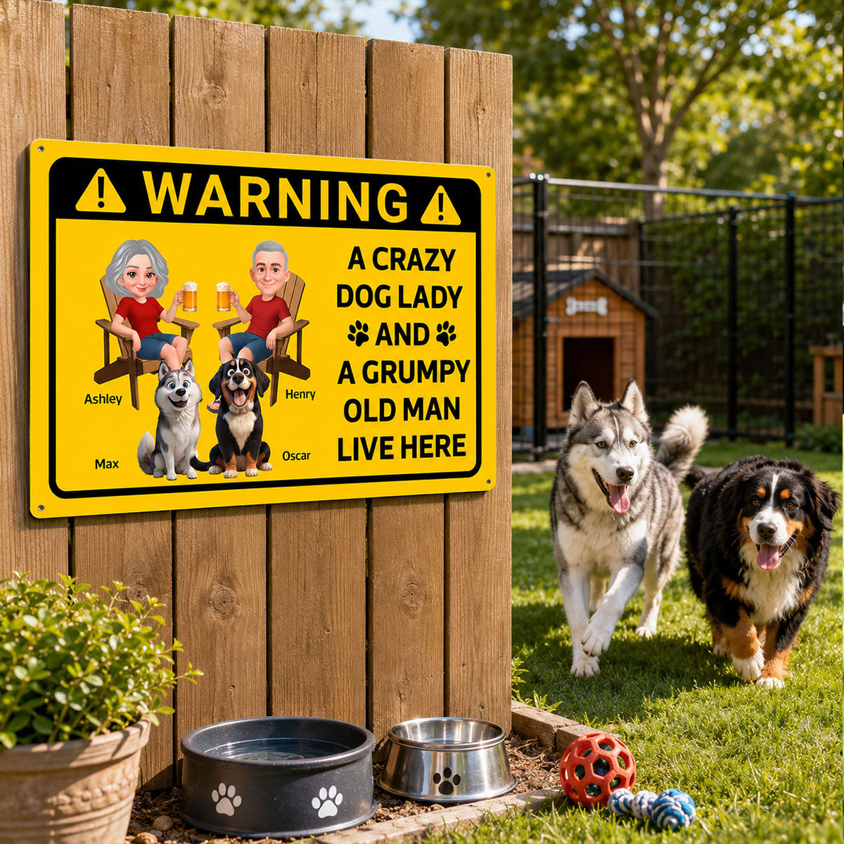 Warning Crazy Dog Lady Grumpy Old Man Live Here - Personalized Metal Sign - Funny Sarcasm Decoration For Patio, Garden, Farmhouse Porch