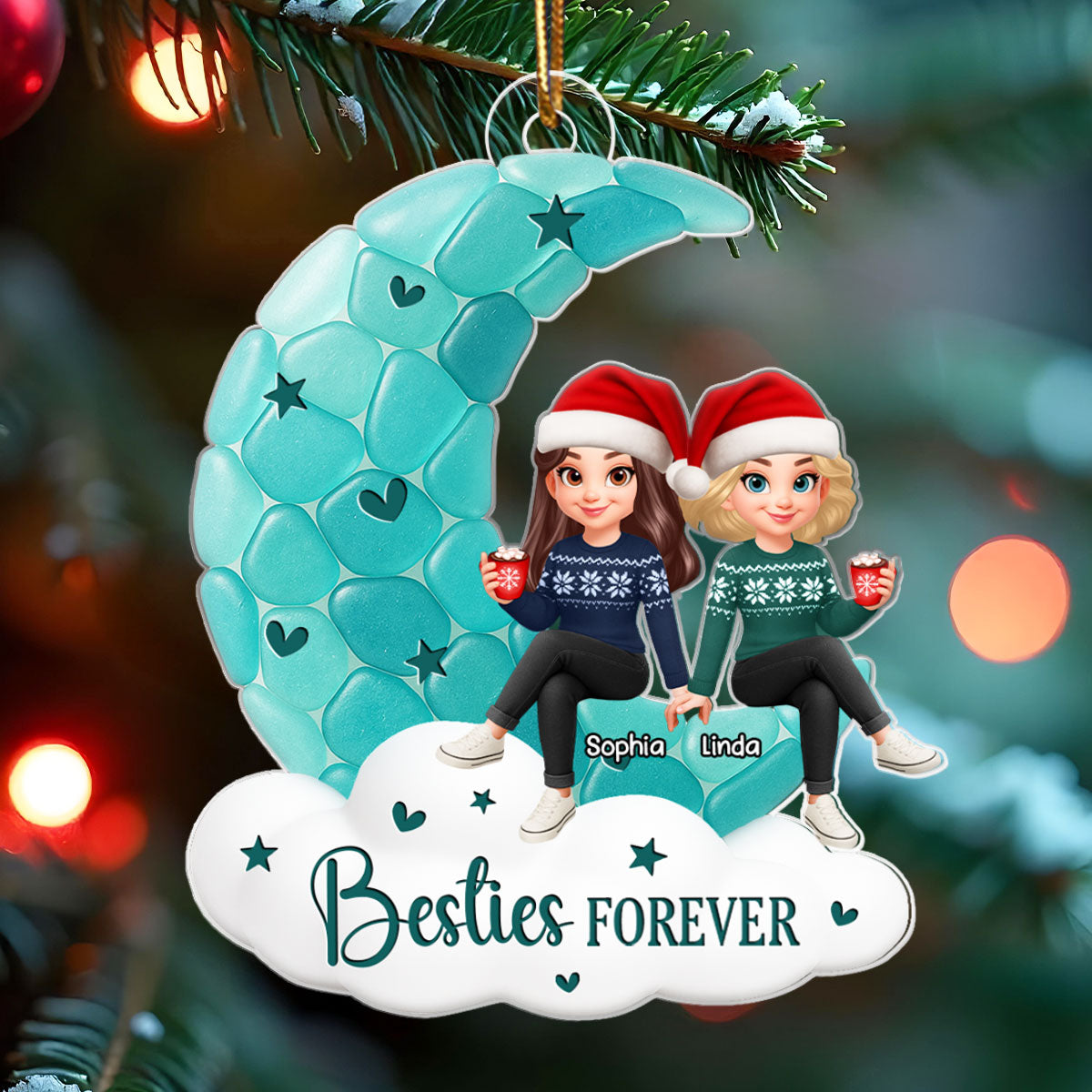 Sea Glass Effect Besties On Moon - Personalized Acrylic Ornament - Christmas Gift For Best Friends