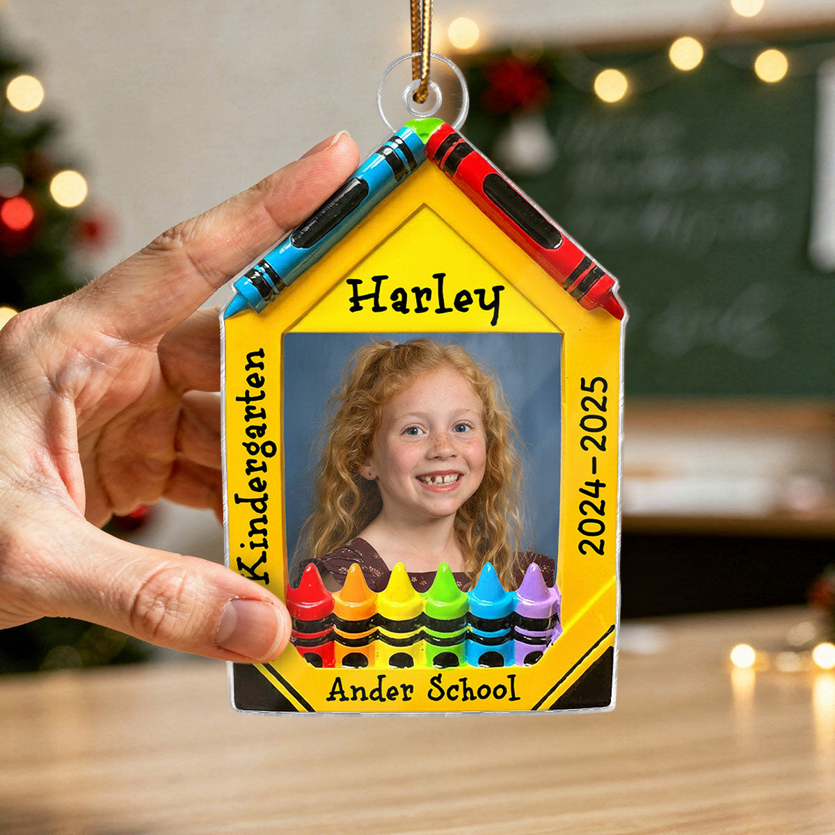 3D Effect Crayon Frame Custom Photo - Personalized Acrylic Ornament - PreK Kindergarten School Milestone Gift