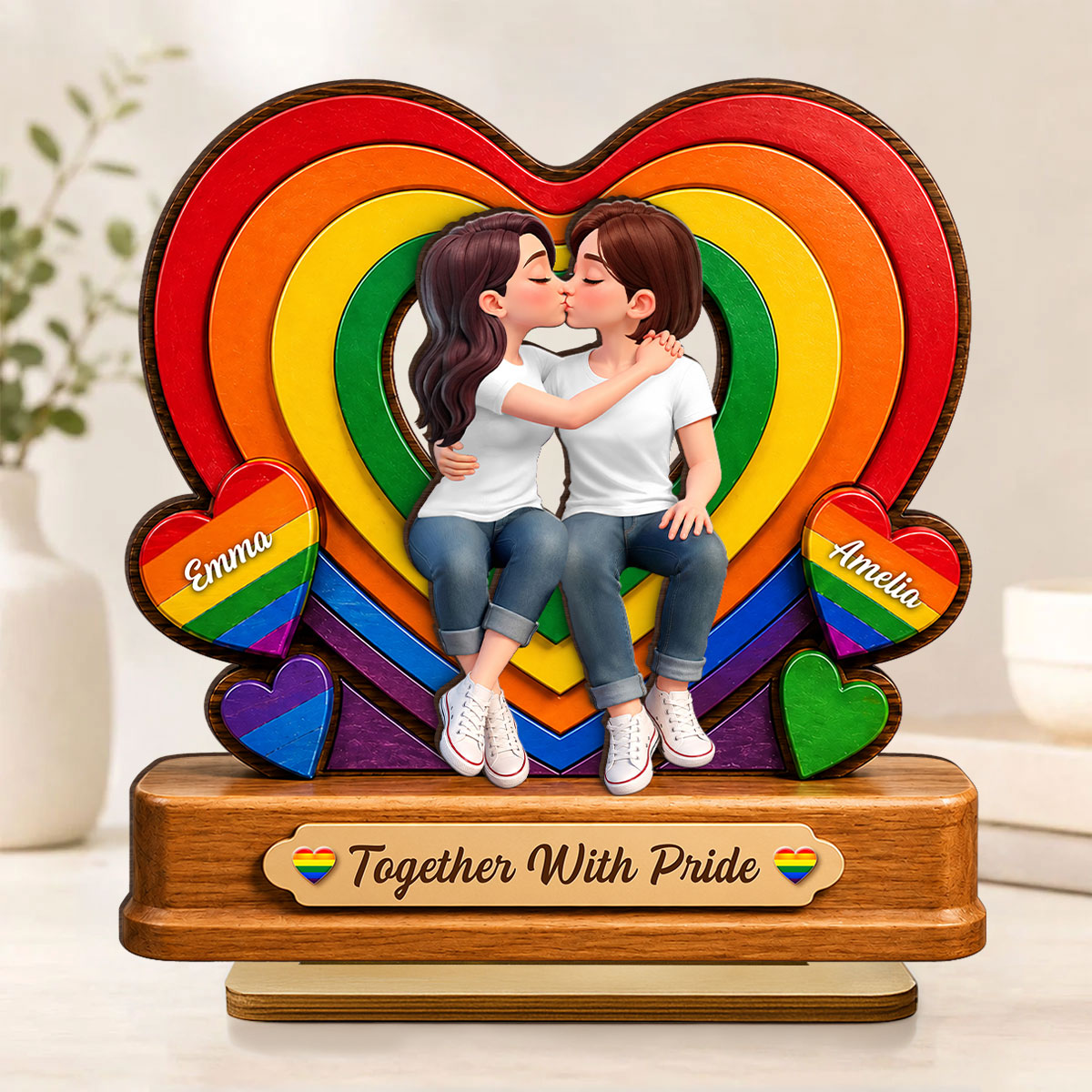 Together With Pride LGBT+ Couple - Personalized 2-Layered Wooden Plaque - Gift For Couple, Happy Pride Month