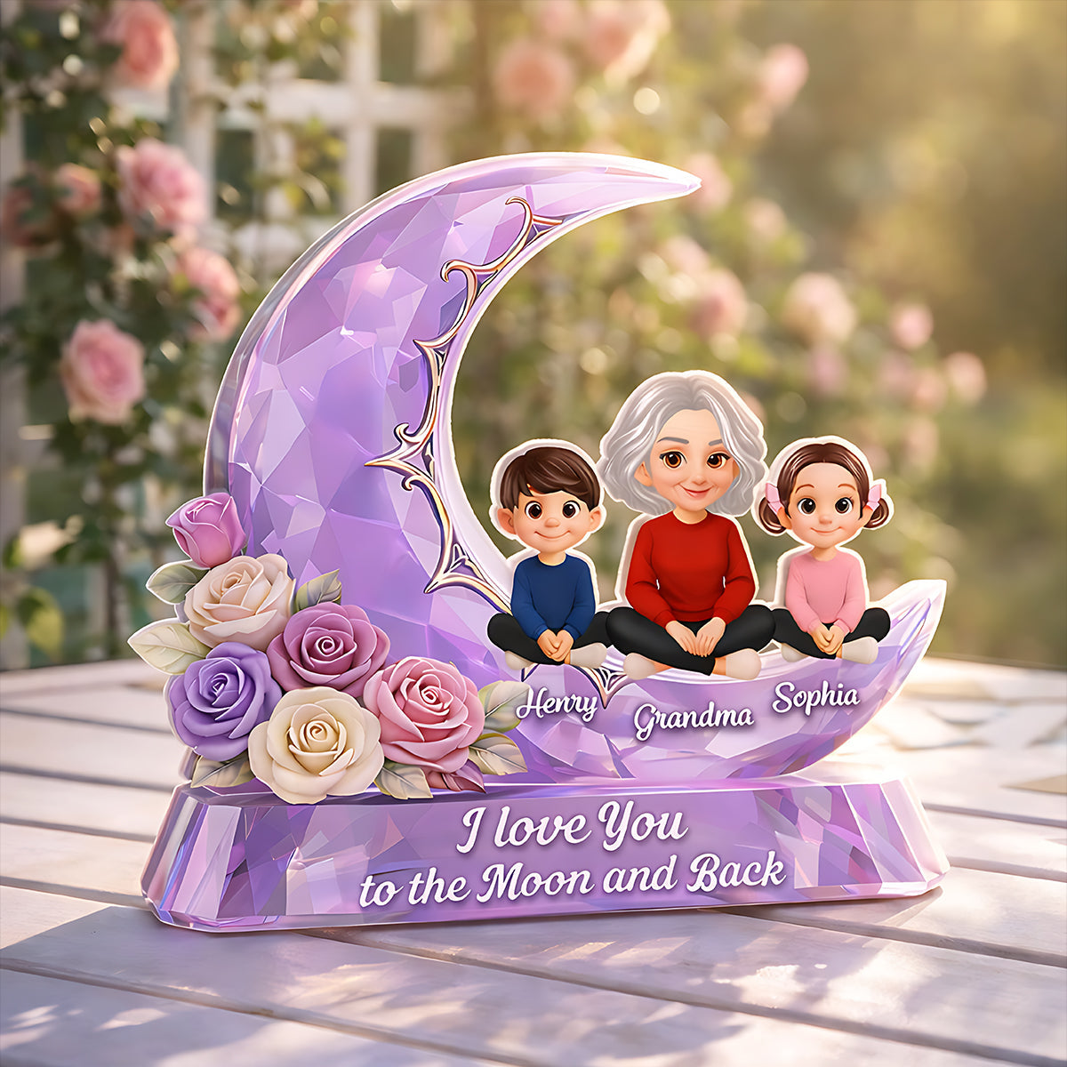 Love You To The Moon Grandma Grandkids Rose Moon - Personalized Acrylic Block Plaque - Heartfelt Gift For Mom, Grandma