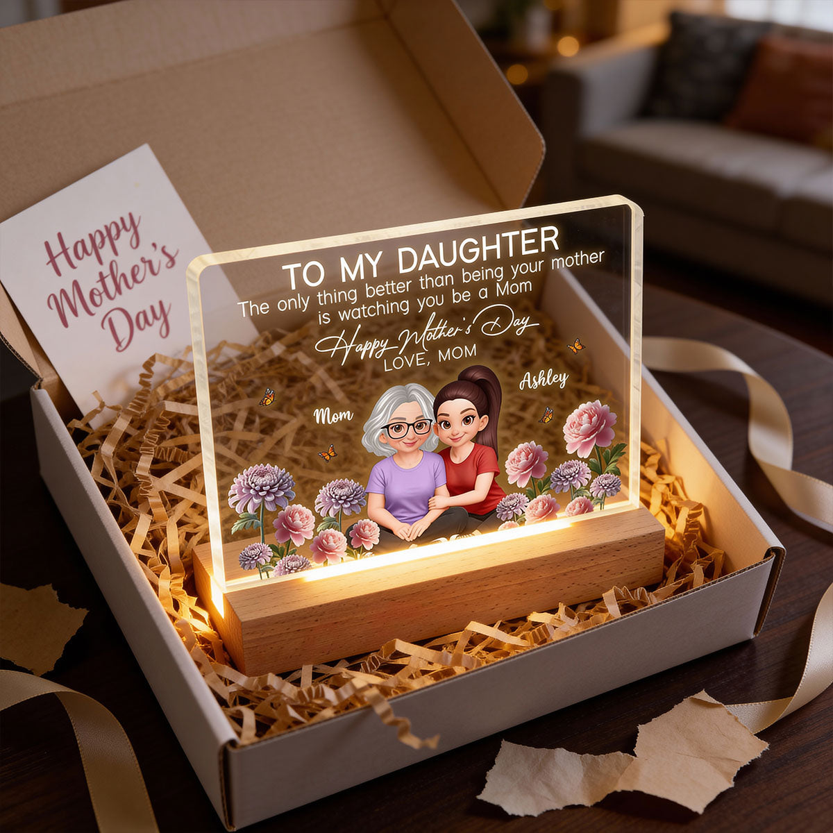 To My Daughter Happy Mother's Day Custom Birth Month Flower - Personalized Acrylic Block LED Plaque - Mother's Day Gift For Daughter