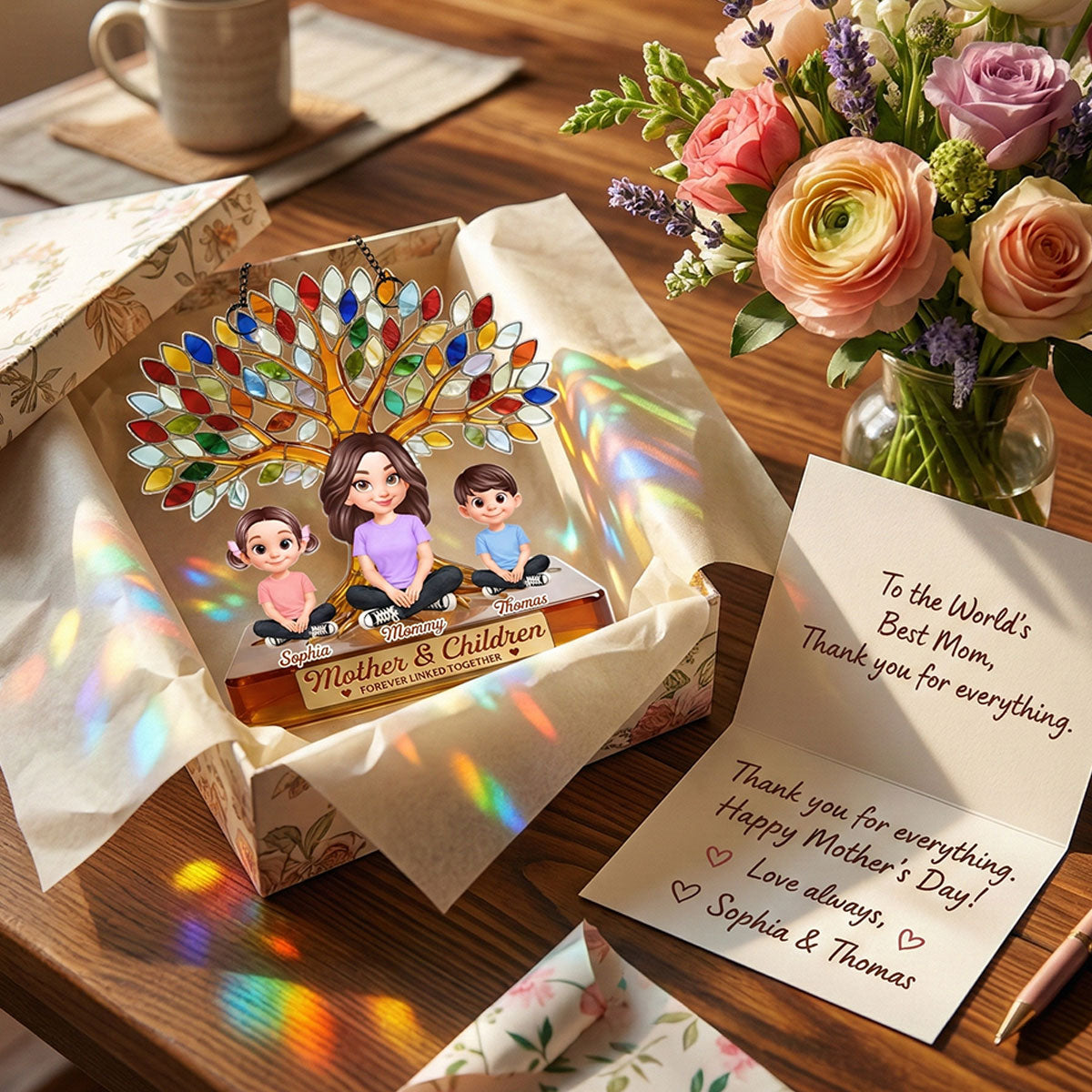 Mom And Son Daughter Under Colorful Tree Of Life - Personalized Suncatcher Ornament - Gift For Mom