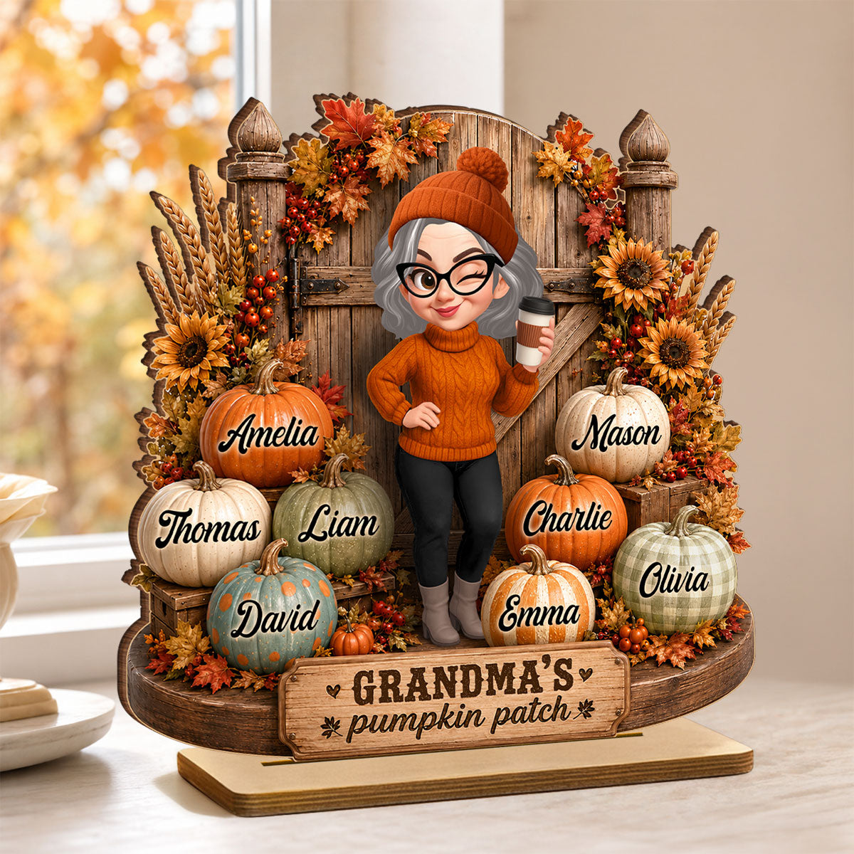 Grandma's Pumpkin Patch Rustic Farmhouse - Personalized 2-Layered Wooden Plaque - Fall Decor for Grandma