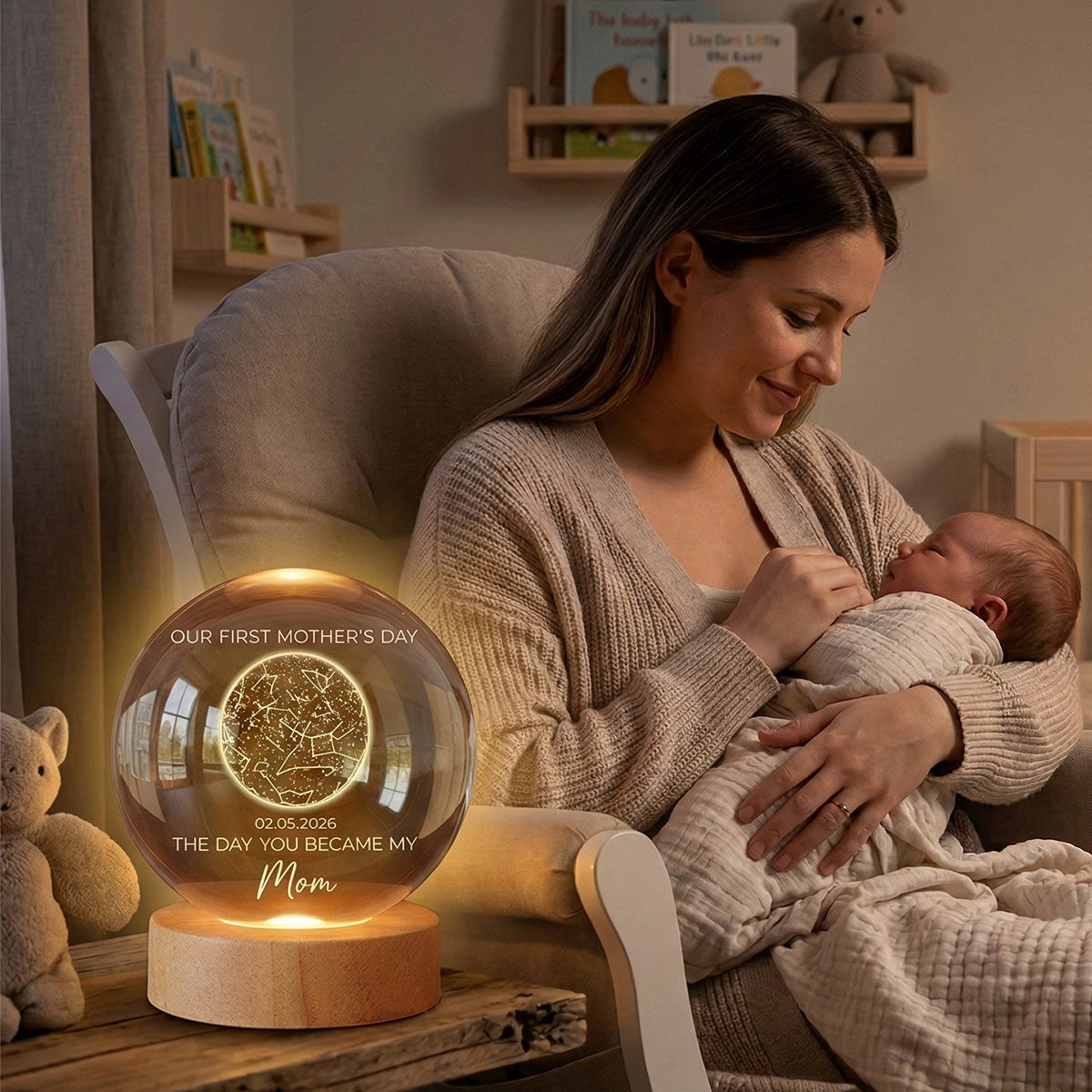 The Day You Became My Mom Custom Star Map First Mother's Day - Personalized Crystal Ball LED Night Light - First Mother's Day Gift For New Mom