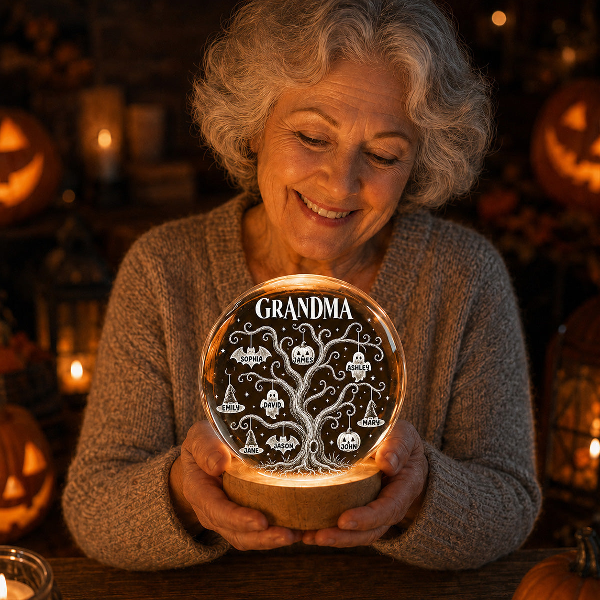 Halloween Tree With Kids Names - Personalized Crystal Ball Night Light - Halloween Gift For Grandma