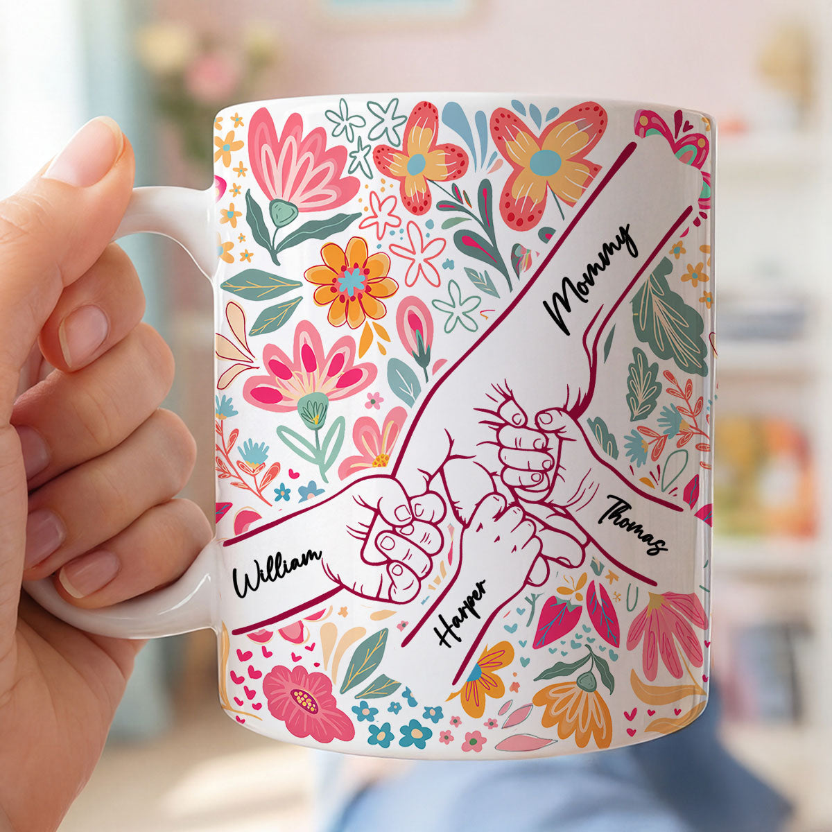 Kids Holding Hand Outline Floral Boho - Personalized Mug - Mother's Day Gift For Mom Grandma