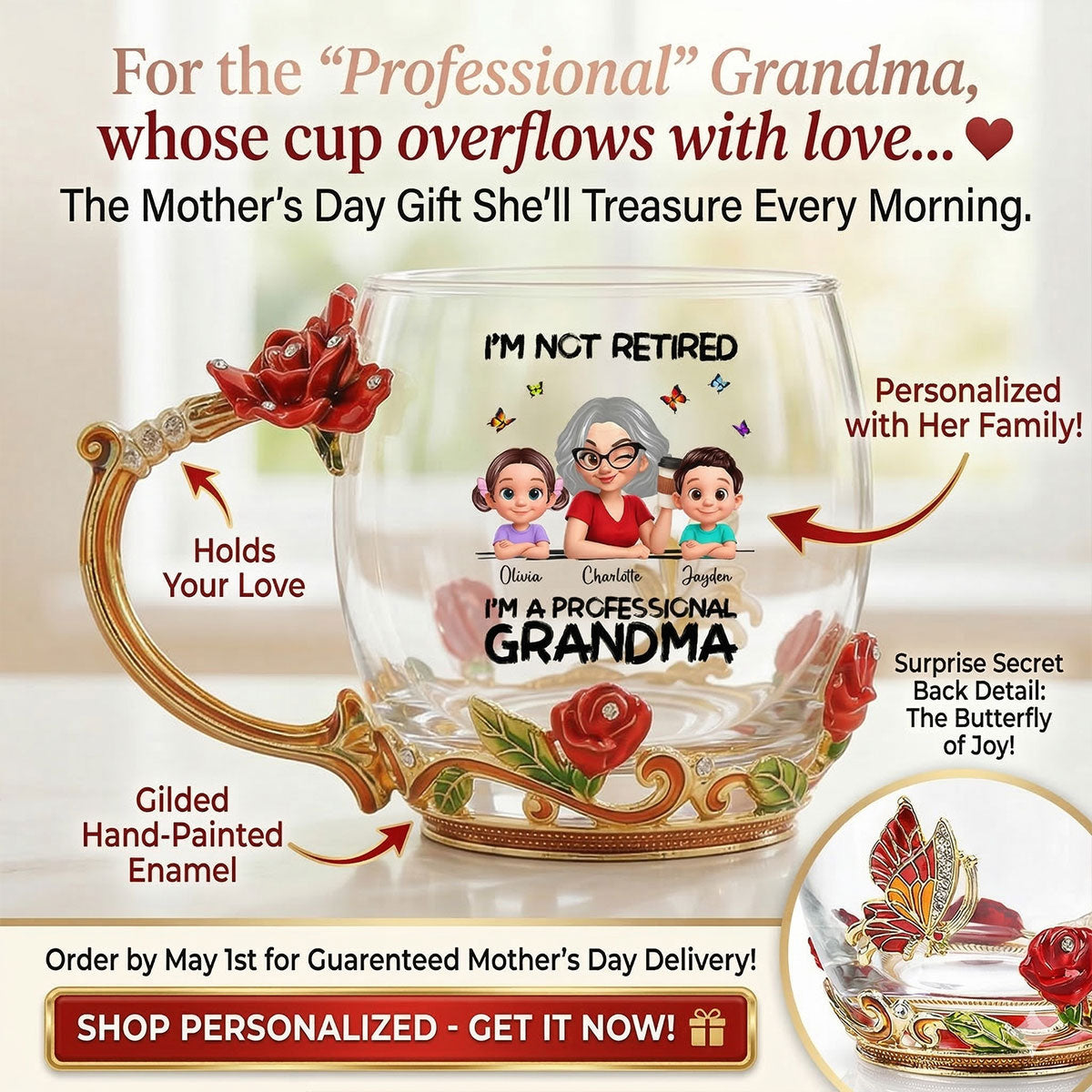 Not Retired Professional Grandma - Personalized Enamel Flower Tea Cup - Gift For Retired Grandma, Mom