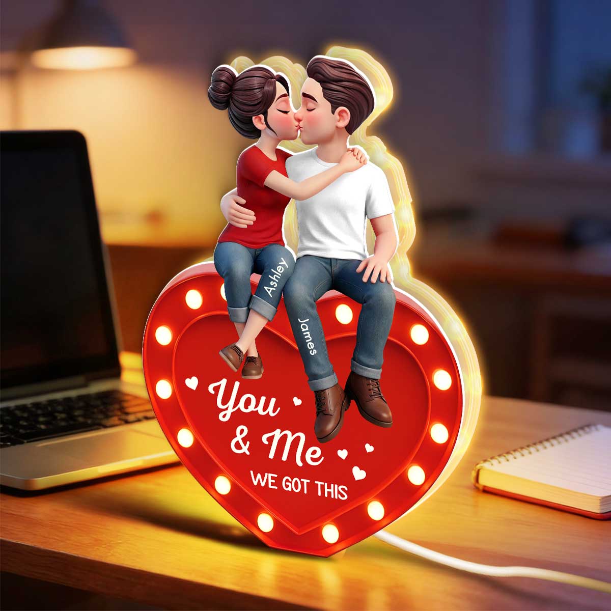 Everlasting Heart LOVE Couple Sitting Kissing - Personalized Light Box - Valentine's Day Gift For Couple, For Him, For Her