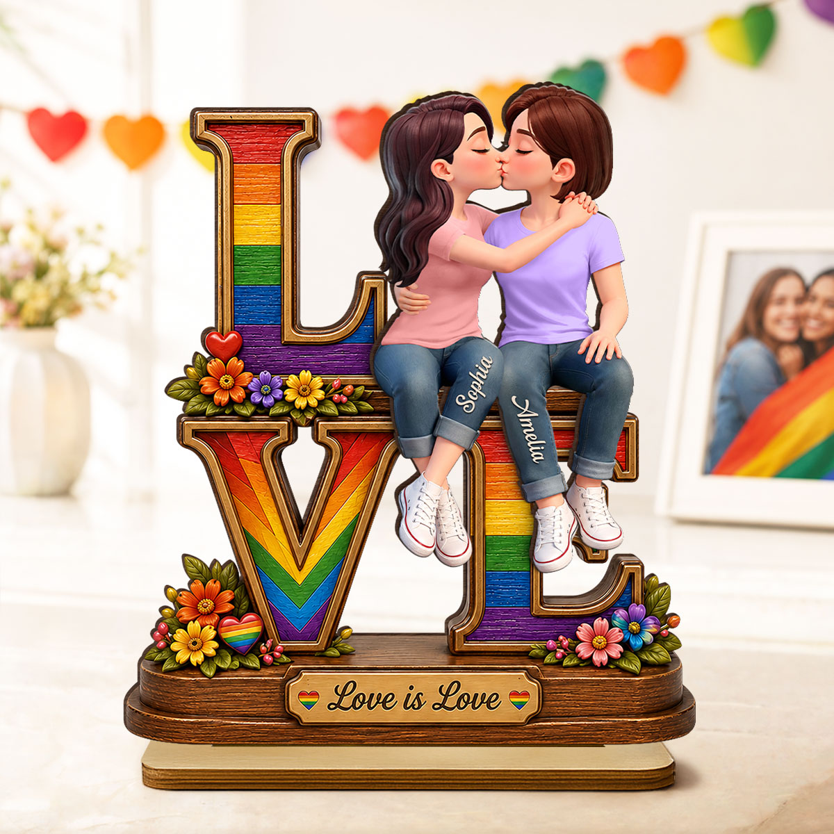 Love Is Love LGBT+ Couple Rose - Personalized 2-Layered Wooden Plaque - Gift For Couple, Happy Pride Month