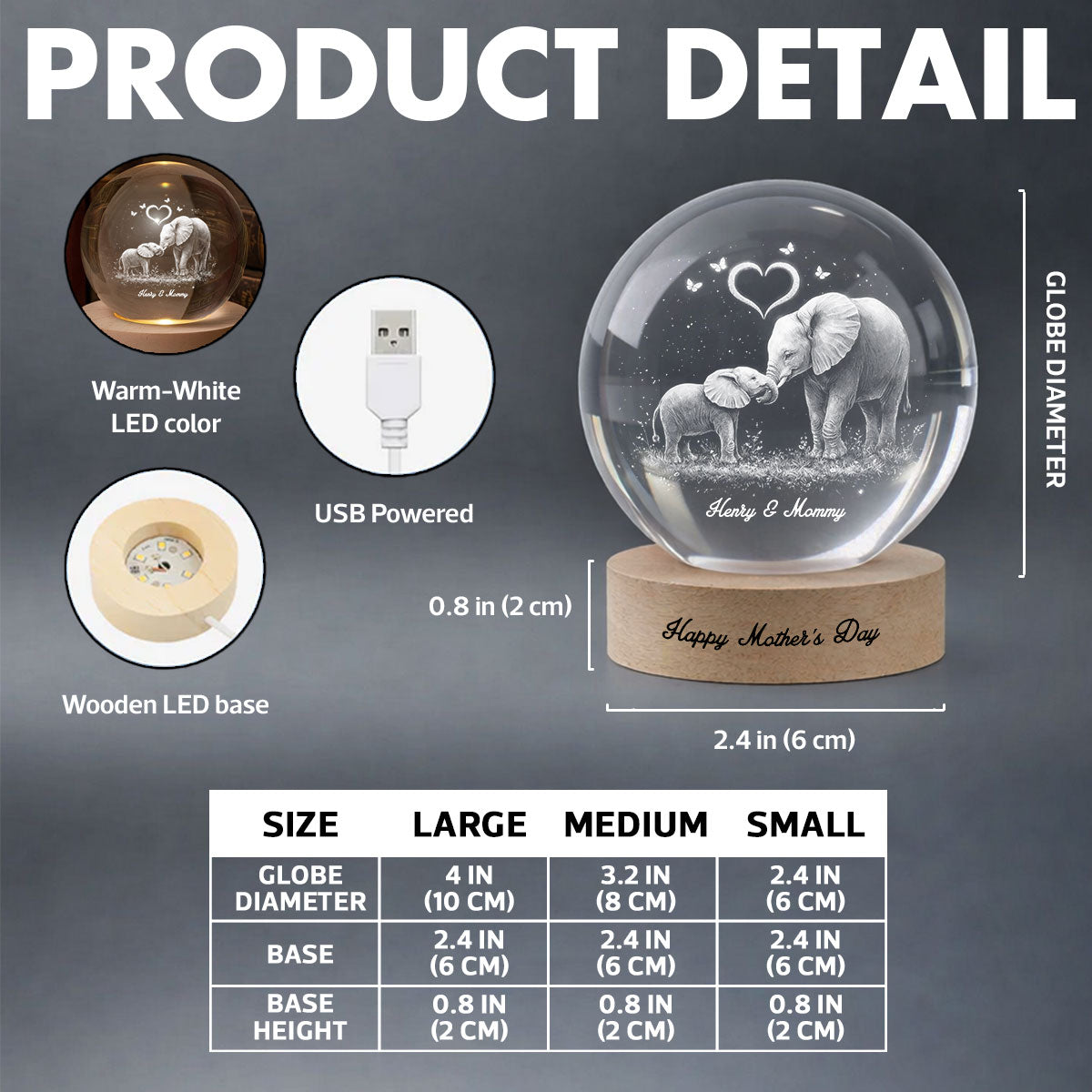 Elephant Mom and Kids - Personalized Crystal Ball LED Night Light - Heartfelt Mother's Day Gift for Mom