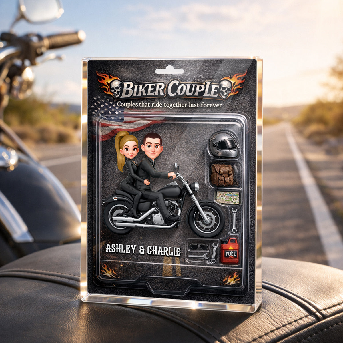 Couples That Ride Together Last Forever Nation Flag, Custom Action Figure Biker Couple - Personalized Acrylic Block Plaque - Heartfelt Gift for Him, for Her