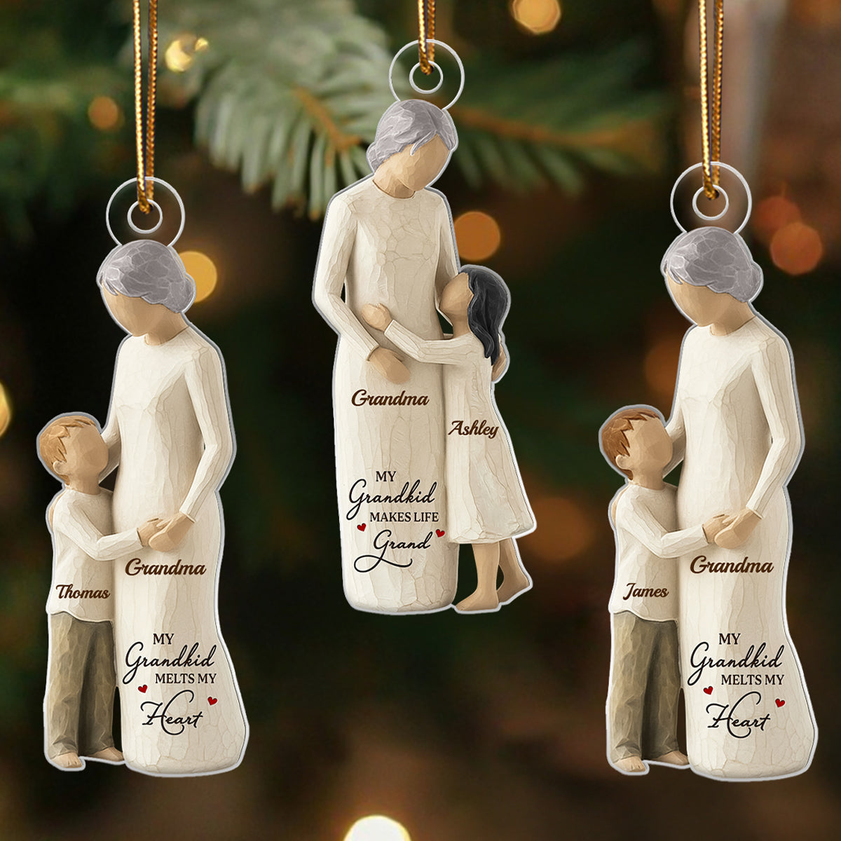 Grandma And Granddaughter Grandson Wooden Figurine - Personalized Acrylic Ornament - Heartwarming Christmas Gift For Grandma, Grandkid, Family