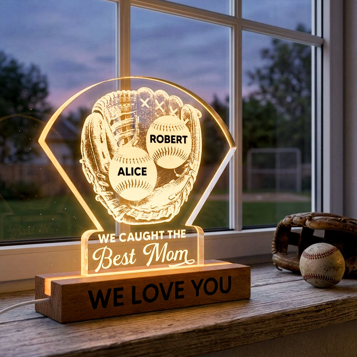 Baseball Glove We Caught The Best Mom - Personalized Acrylic Block LED Night Light - Mother's Day Gift For Baseball Mom