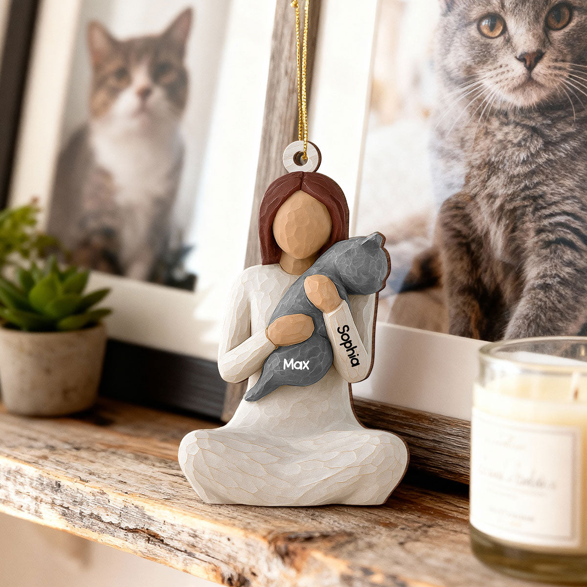 3D Effect Woman Hugging Cat - Personalized Wooden Ornament - Christmas Gift For Cat Lovers, Cat Mom