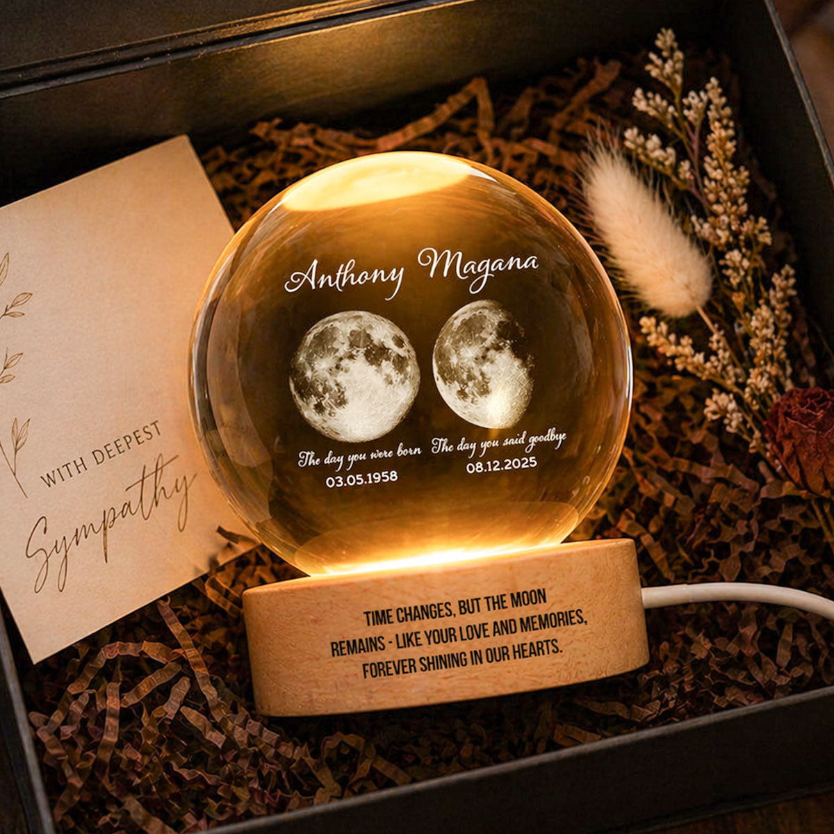 Lost Loved One Moon Phase Art - Personalized Crystal Ball LED Night Light - Memorial Keepsake Sympathy Gift
