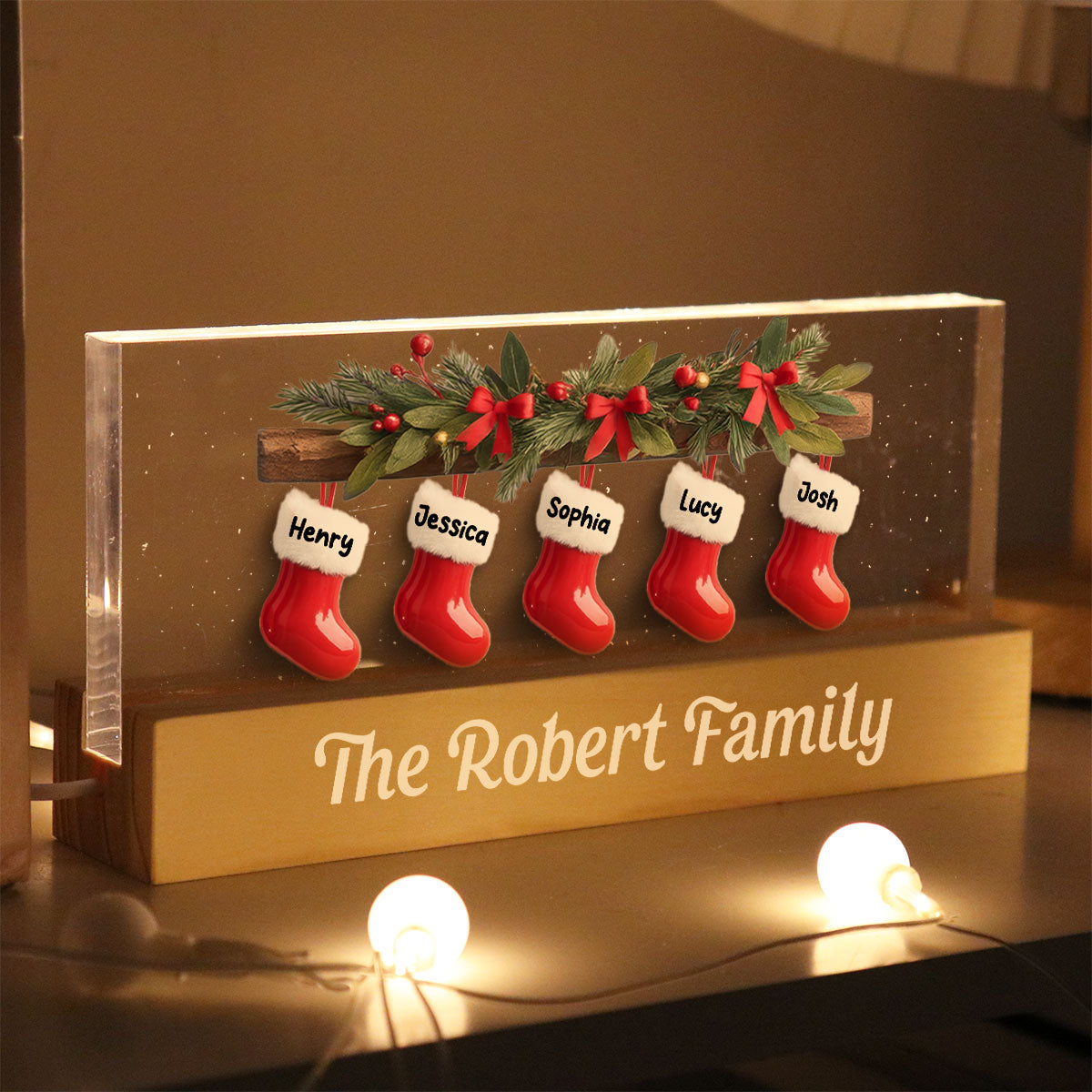 Family Christmas Stockings 3D Effect - Personalized Block LED Night Light - Christmas Decor For Family