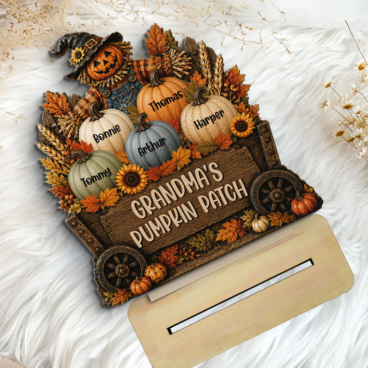 Grandma's Pumpkin Patch Scarecrow Pumpkins On Wagon 2D Flat - Personalized 2-Layered Wooden Plaque - Rustic Fall Decor