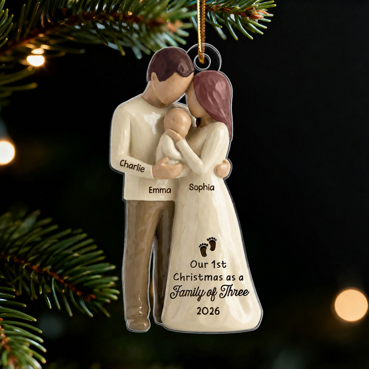 3D Effect First Christmas As Family Of Three Mom Dad & Baby - Personalized Acrylic Ornament