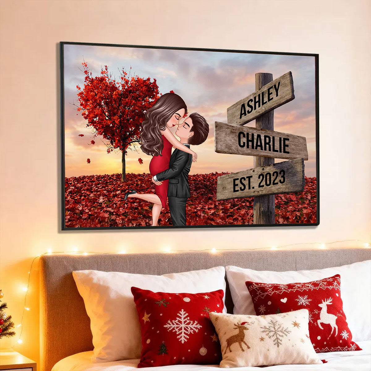 Couple Hugging Kissing Sign Post - Personalized Poster - Heartfelt Gift For Him, Her, Wife, Husband, Couple