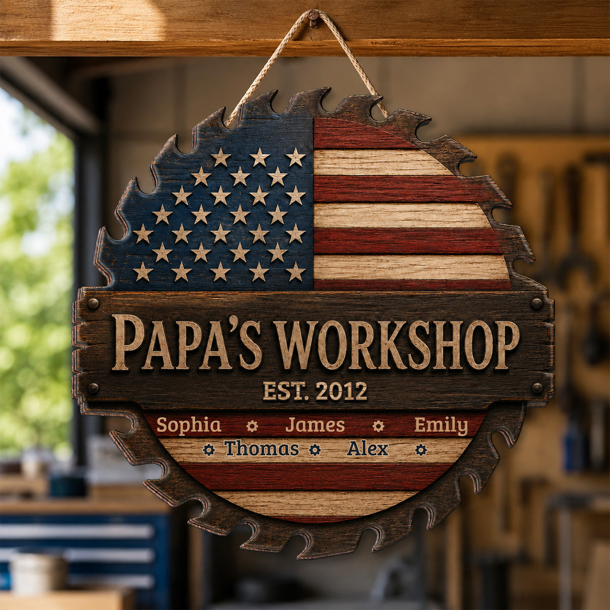 Dad Grandpa Workshop Nation Flag Theme - Personalized Wooden Garage Sign - Father's Day Gift For Patriotic Mechanic Dad, Grandpa