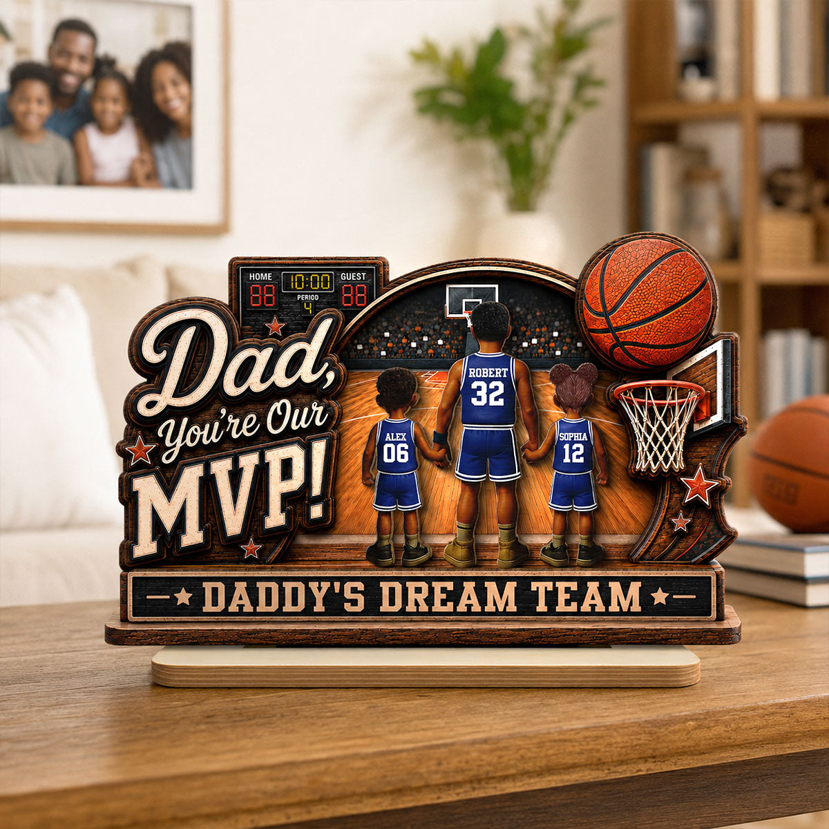 Dad You Are Our MVP Standing Basketball Man & Kids 2D Flat - Personalized 2-Layered Wooden Plaque -  Gift For Basketball Dad