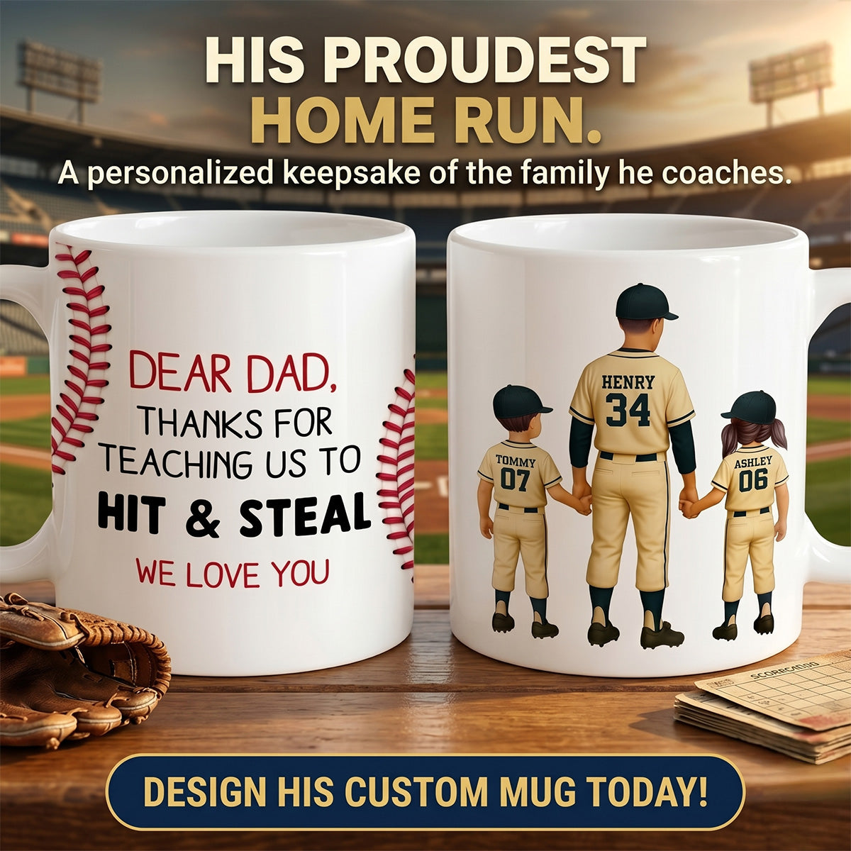 Thank You For Teaching Us To Hit & Steal Baseball Dad & Kids - Personalized Mug - Father's Day Gift For Dad, Husband