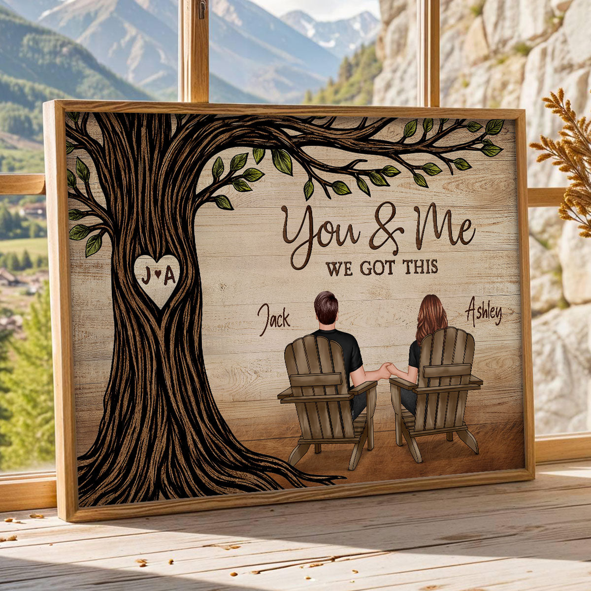 Couple Sitting Under Heart Carved Tree - Personalized Poster - Valentine's Day Gift For Couple