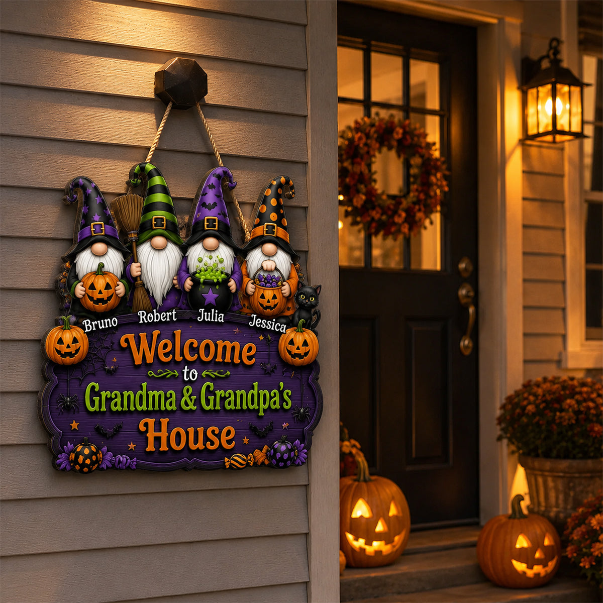 Halloween Gnome Welcome To Grandma Grandpa House - Personalized Door Sign - Halloween Decor Gift, Gift For Grandma, Grandpa