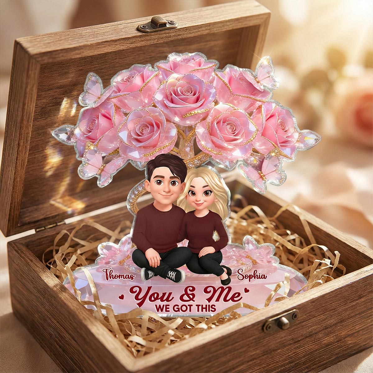 Eternal Love Pink Roses Couple Together - Personalized Acrylic Block Plaque - Valentine's Day Gift For Couple, Gift For Her, For Him