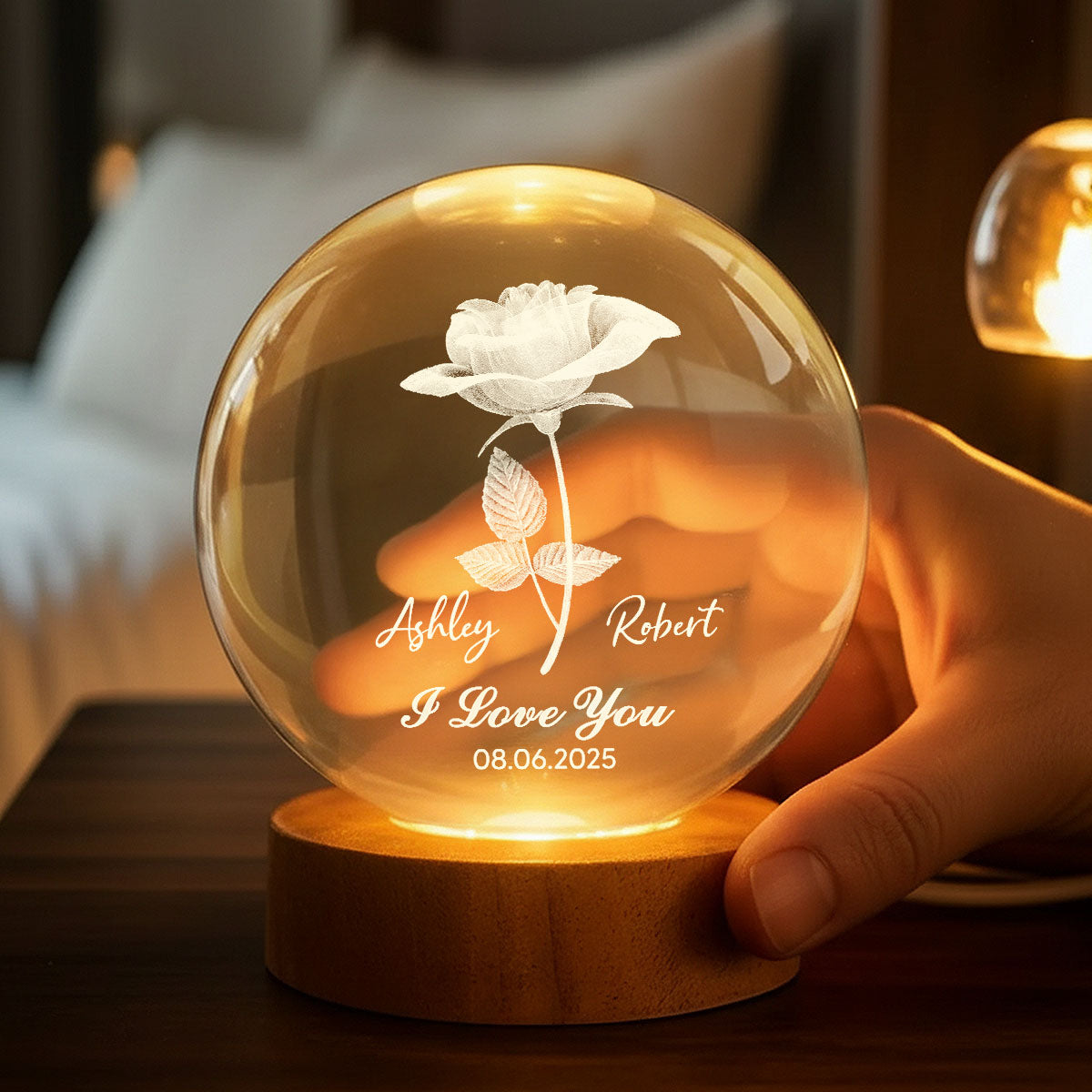 Eternal Love Rose I Love You - Personalized Crystal Ball LED Night Light - Valentine's Day Gift For Couple, For Her, For Him