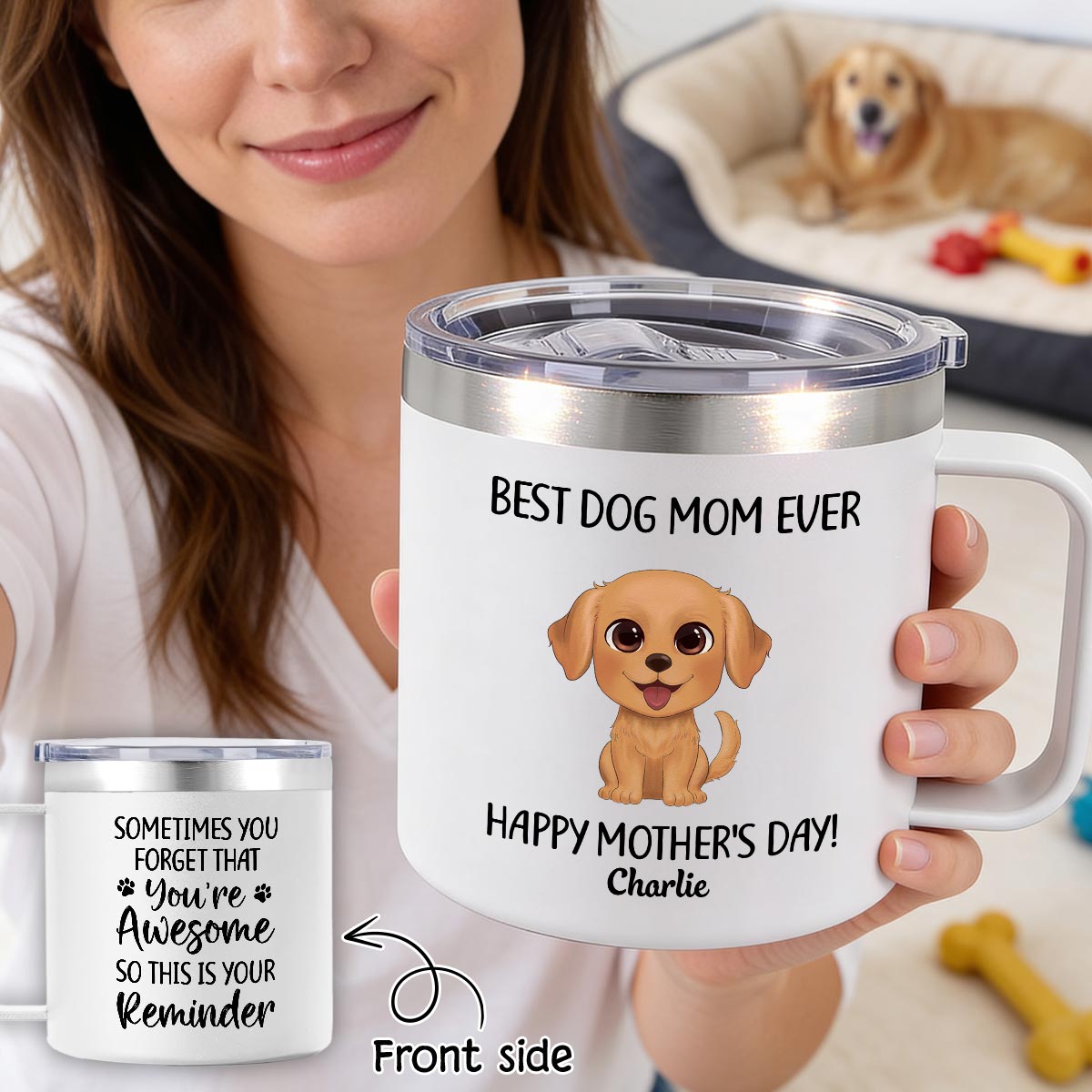 Sometimes You Forget That You're Awesome Dog Mom - Personalized Stainless Steel Tumbler with Handle - Mother's Day Gift For Dog Lovers