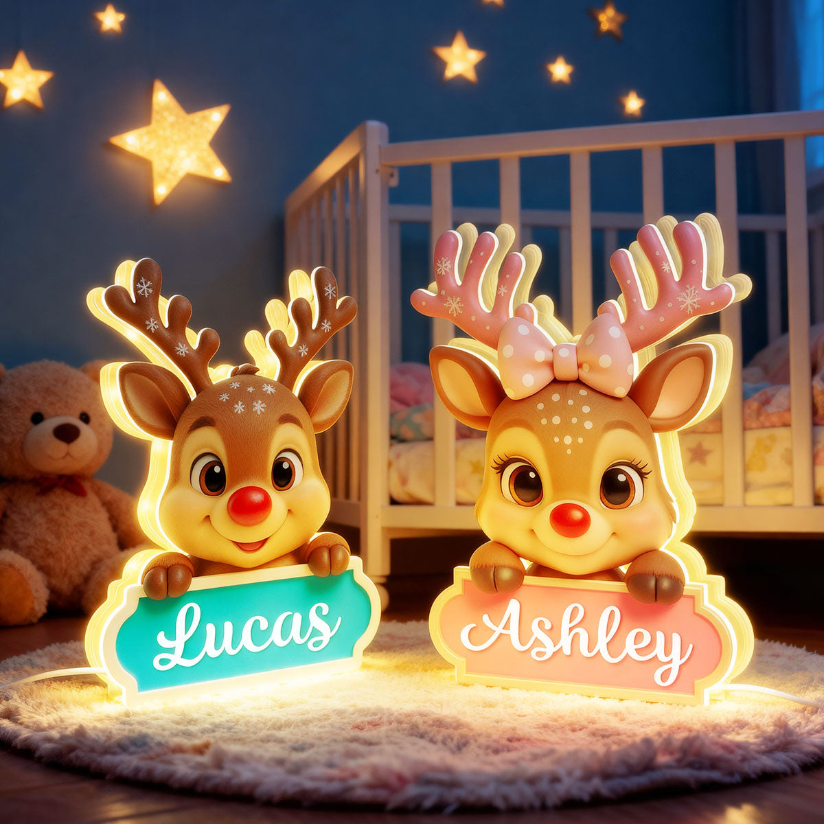 Baby Kid Reindeer Nursery Lamp - Personalized Light Box - Christmas Gift for Children, Grandchildren