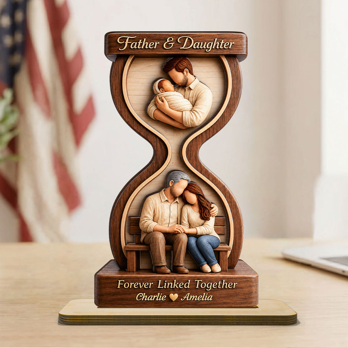 Father & Daughter Forever Linked Together - Personalized 2-Layered Wooden Plaque - Heartfelt Gift For Dad, Husband