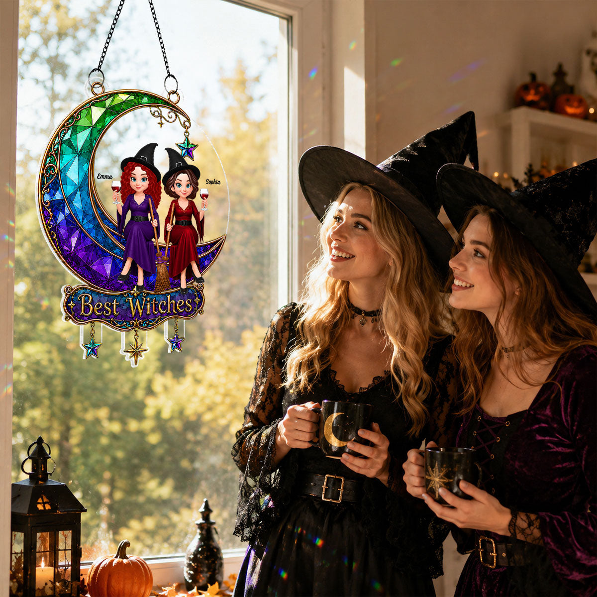 Beautiful Witches Sitting On Moon - Personalized Acrylic Window Hanging - Halloween Decoration For Besties, Girls