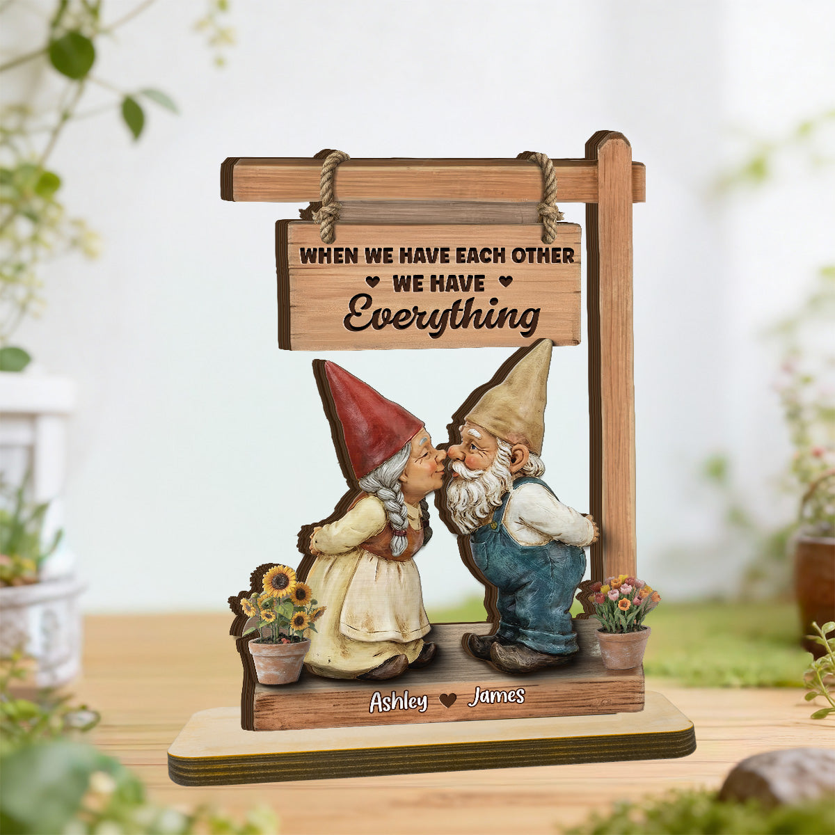 3D Effect Gnome Couple Kissing - Personalized 2-Layered Wooden Plaque - Anniversary, Valentine's Day Gift For Him, Gift For Her