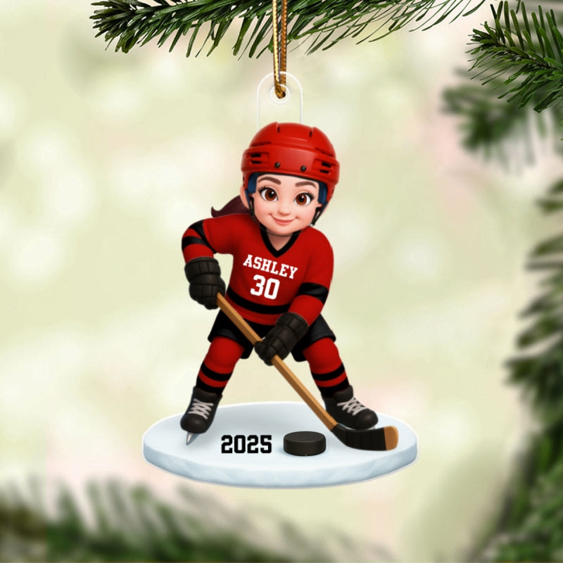 3D Effect Hockey Girl Boy - Personalized Acrylic Ornament - Christmas Gift for Daughter Son