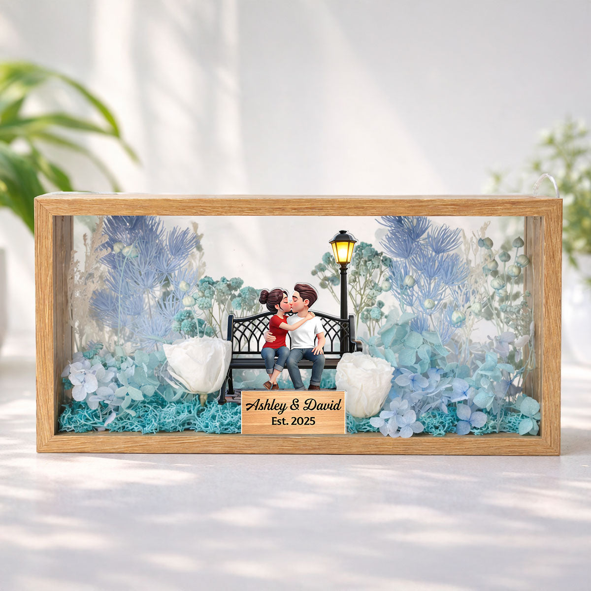 Eternal Love Couple Sitting Kissing - Personalized DIY Flower Shadow Box LED Night Light - Gift For Couple, For Him, For Her