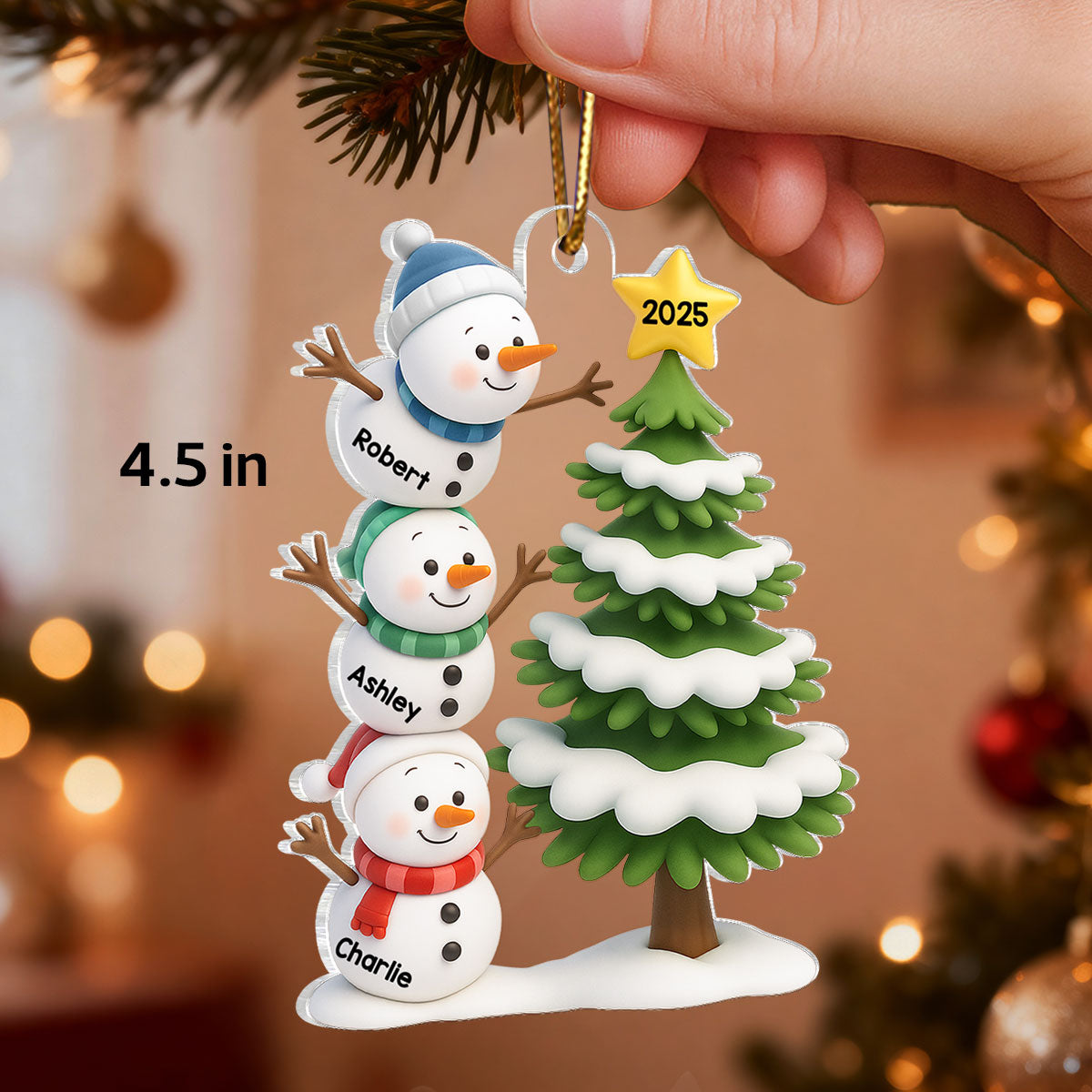 Snowman Family Stack 3D Effect Christmas Tree - Personalized Acrylic Ornament
