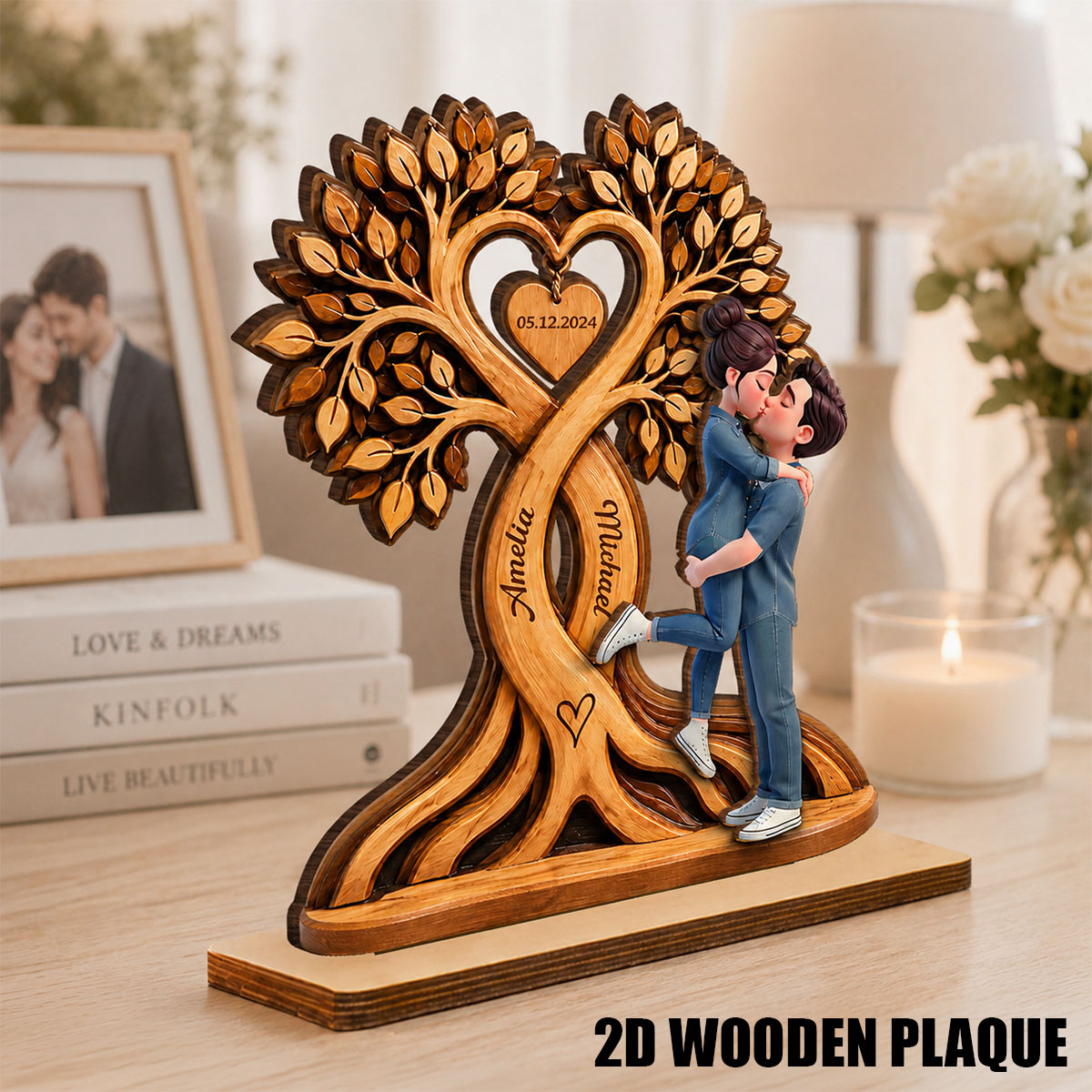 Couple Kissing Under Heart Tree - Personalized 2-Layered Wooden Plaque - Heartfelt Anniversary Gift for Him, for Her